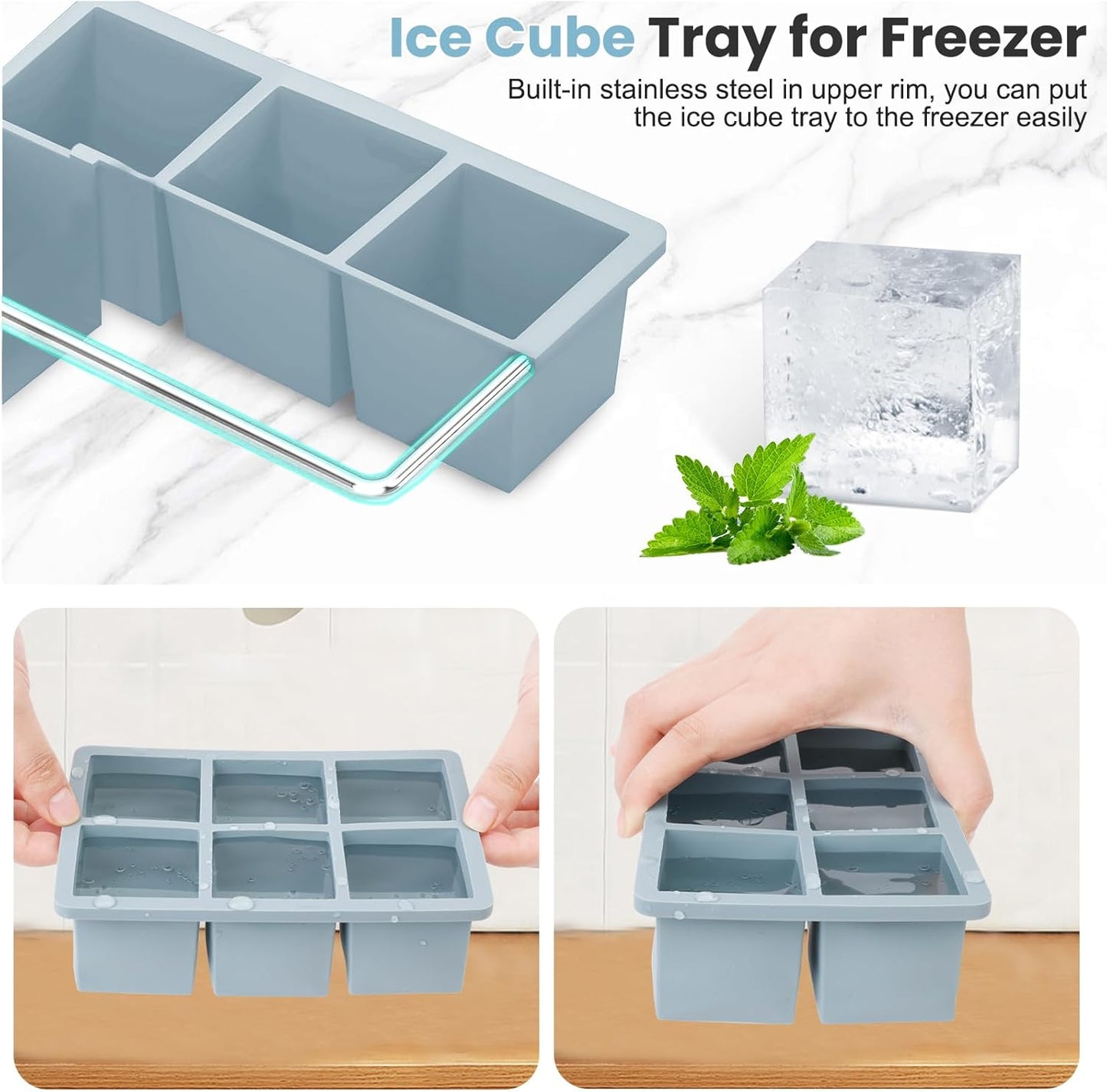 Large Silicone Ice Cube Tray 3Pack, SAWNZC Big Square Ice Cube Molds for Whisky Cocktail, Ice Maker Tray with Lid for Freezer, Easy Release (3, Blue+Grey+Yellow)