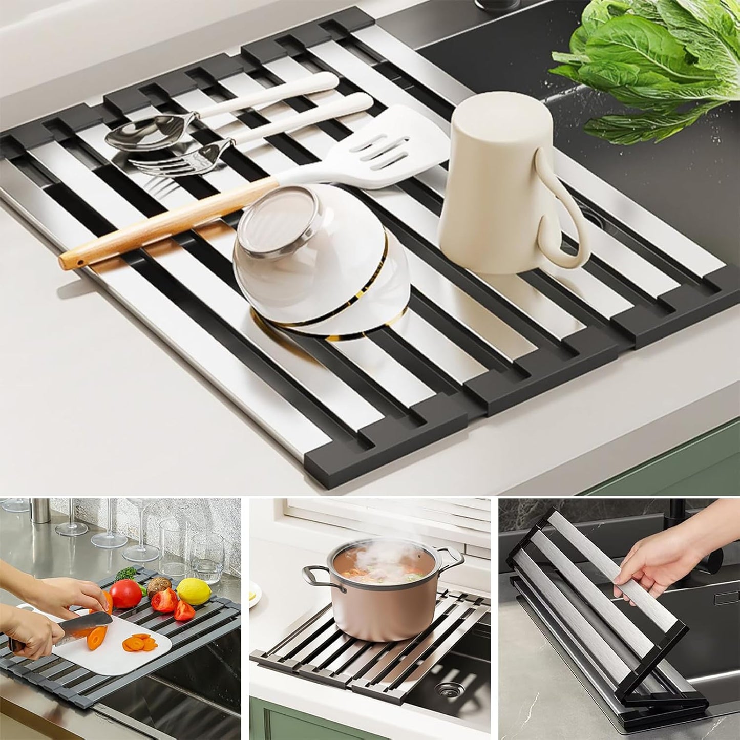 Foldable Dish Drying Rack for Kitchen Sink, Over The Sink Dish Drying Rack, Counter Storage Rack, Stainless Steel Drainer