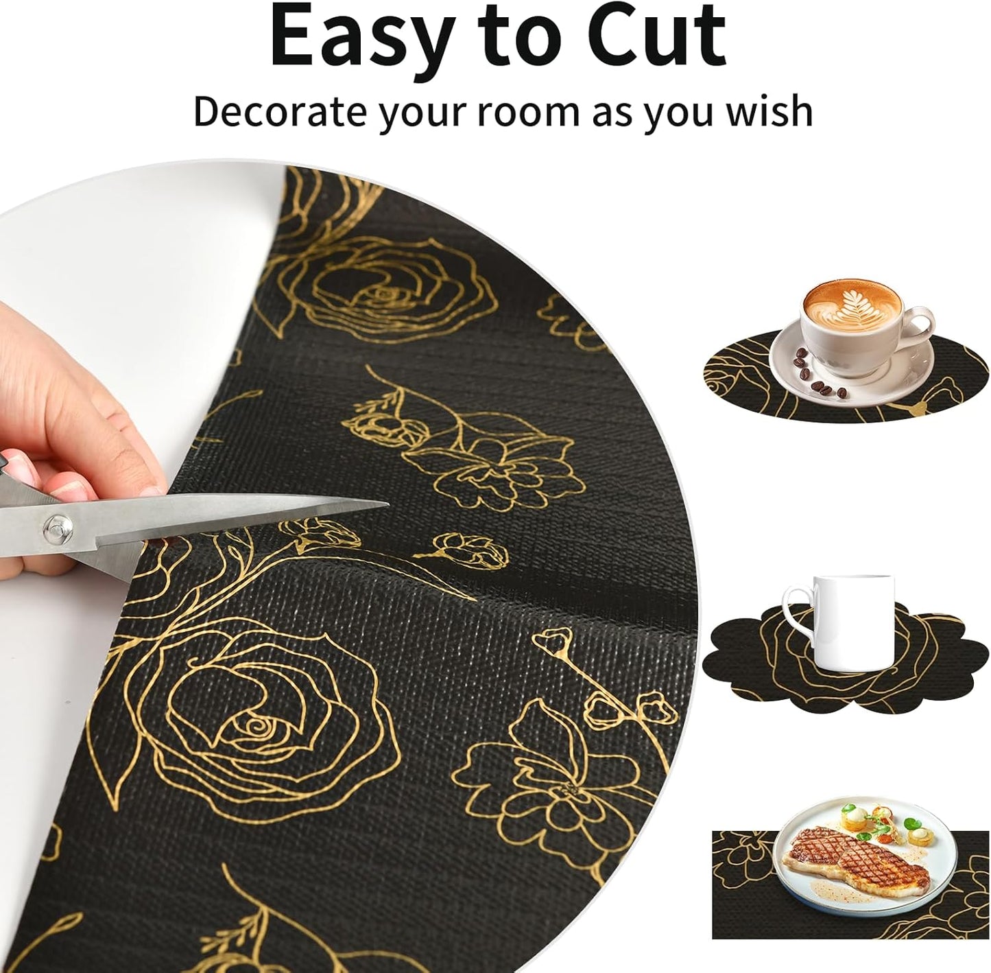 Shelf Liners for Kitchen Cabinets 12in x 20FT Non Adhesive Drawer Liner Black Floral Thickened Shelf Liner Paper Strong Non-Slip Easy to Clean for Tool Box Refrigerator with Knife and Tape Measure