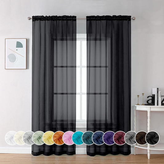 Chyhomenyc Black Sheer Curtains 84 Inch Length 2 Panels Set, Light Filtering Solid Elegant Rod Pocket Voile Window Drapes for Bedroom Living Room, Each 42Wx84L Inch, 2PCS, 7 Feet Long