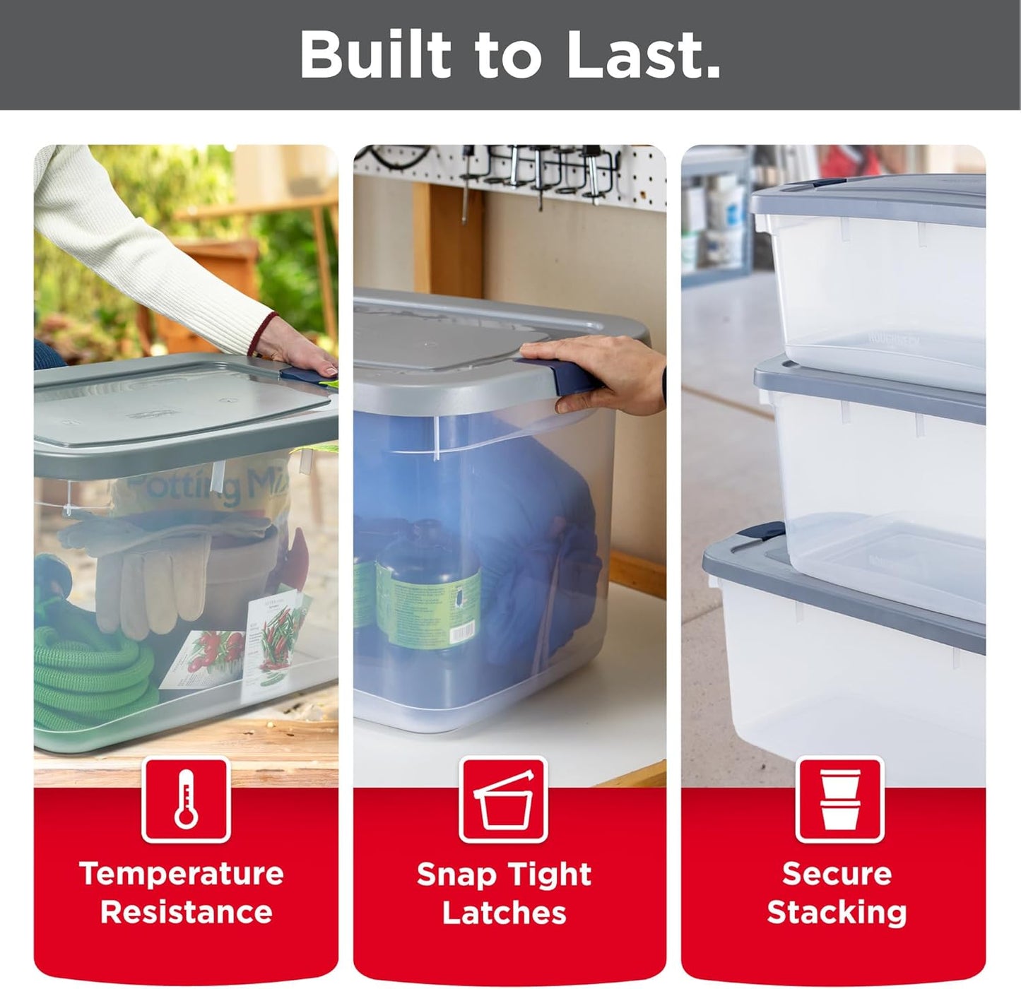 Rubbermaid Roughneck Clear 66 Qt/16.5 Gal Storage Containers, Pack of 4 with Latching Grey Lids, Visible Base, Sturdy and Stackable, Great for Storage and Organization