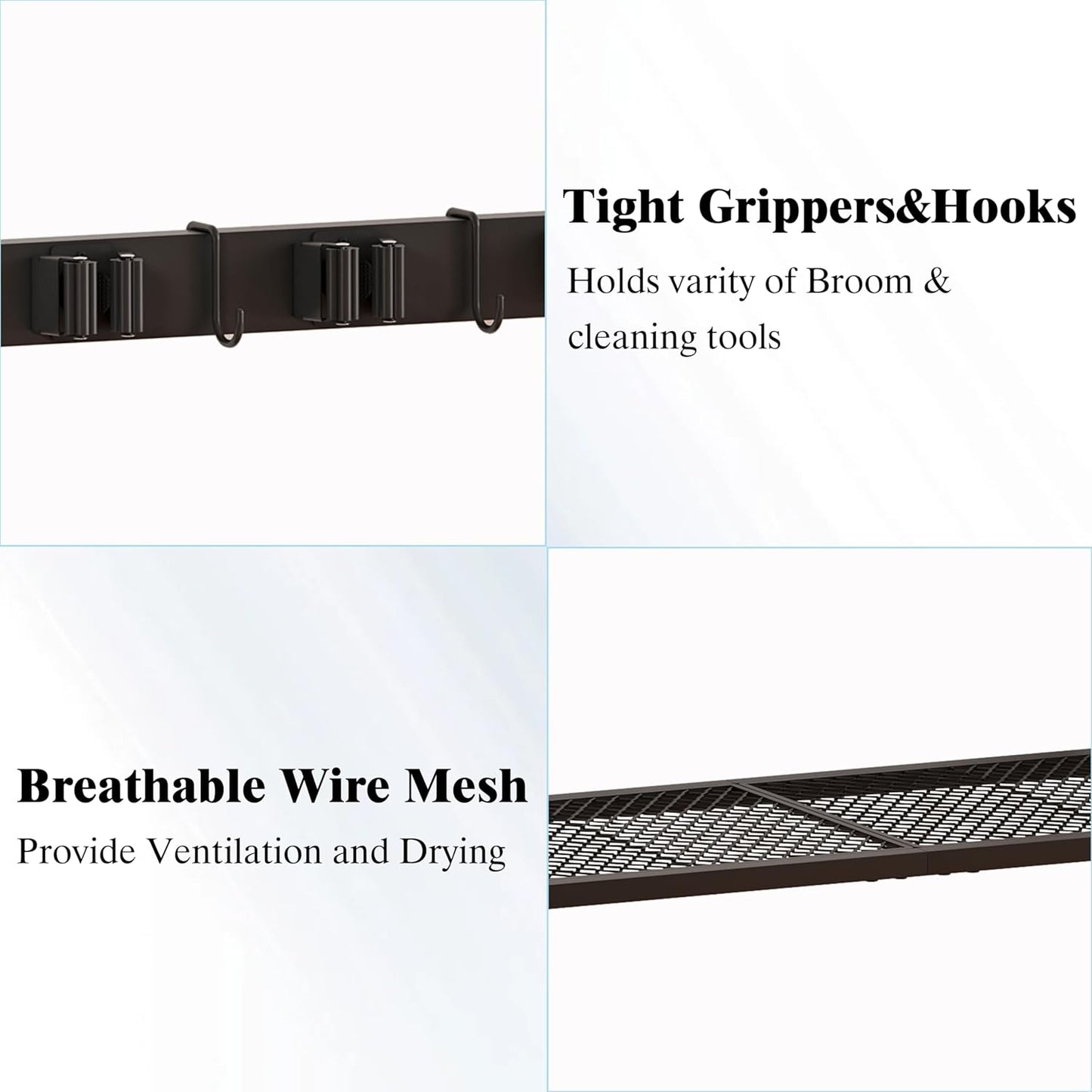 Heavy Duty Metal Cleaning Cart with Wheels,Broom Holder with Cleaning Supplies Organizer,Broom Storage Cart with Mop Hanger Gripper Rack Hooks for Home, Commercial (Rustic Brown, 37.6" L)