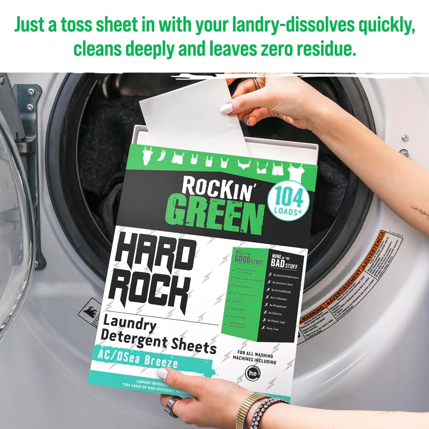 Rockin' Green Hard Rock Travel Laundry Detergent Sheets for Hard Water - Mess-Free Laundry Sheet Detergent with Sodium Bicarbonate - Easily Dissolvable Laundry Soap Sheets (104 Loads, AC/DSea Breeze)