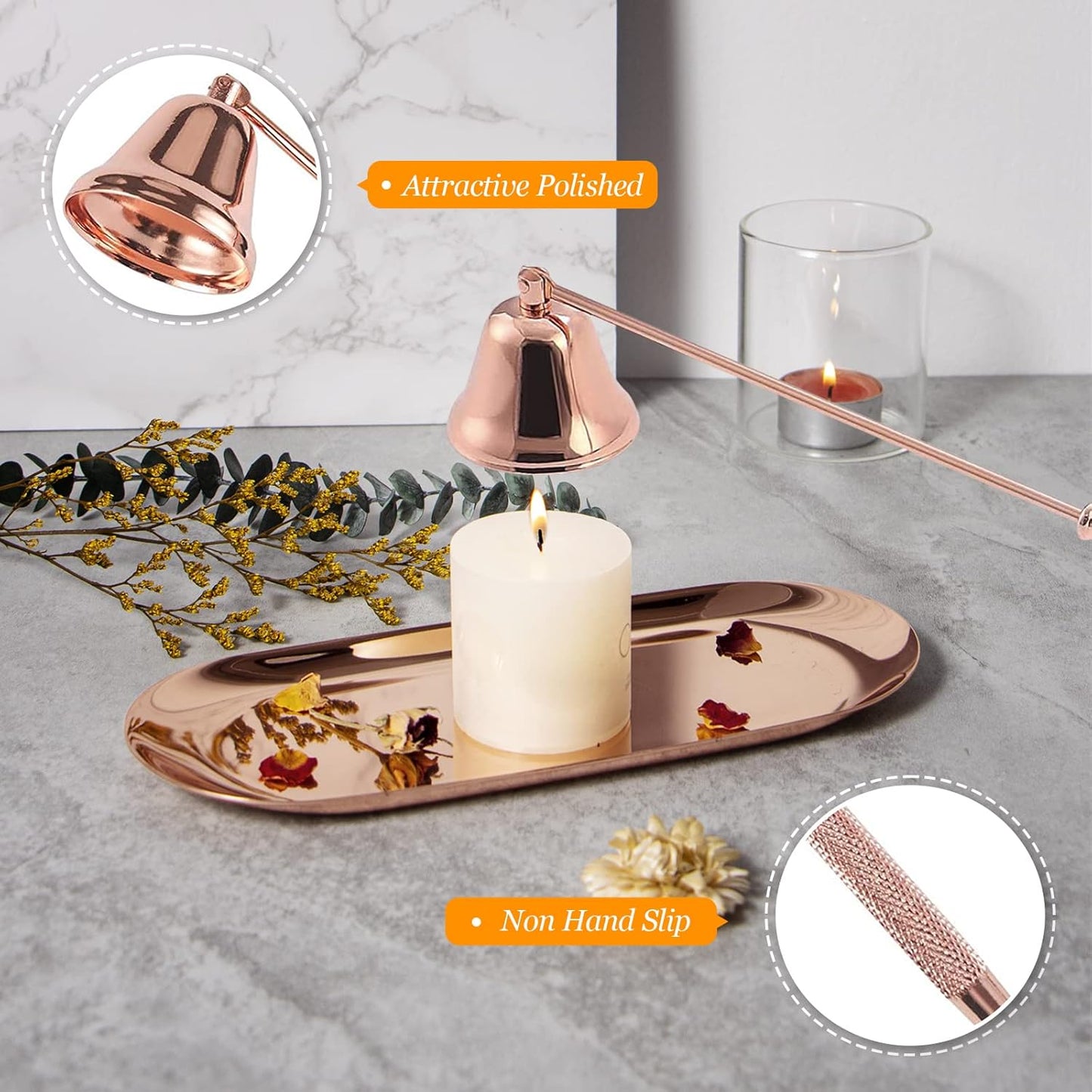 Lsnisni 5Pcs Accessory Set With Rechargeable Electric Lighter, Storage Tray, Wick Trimmer, Snuffer, Dipper, Stainless Steel Care Kit Gift Package for Candle Lover Rose Gold