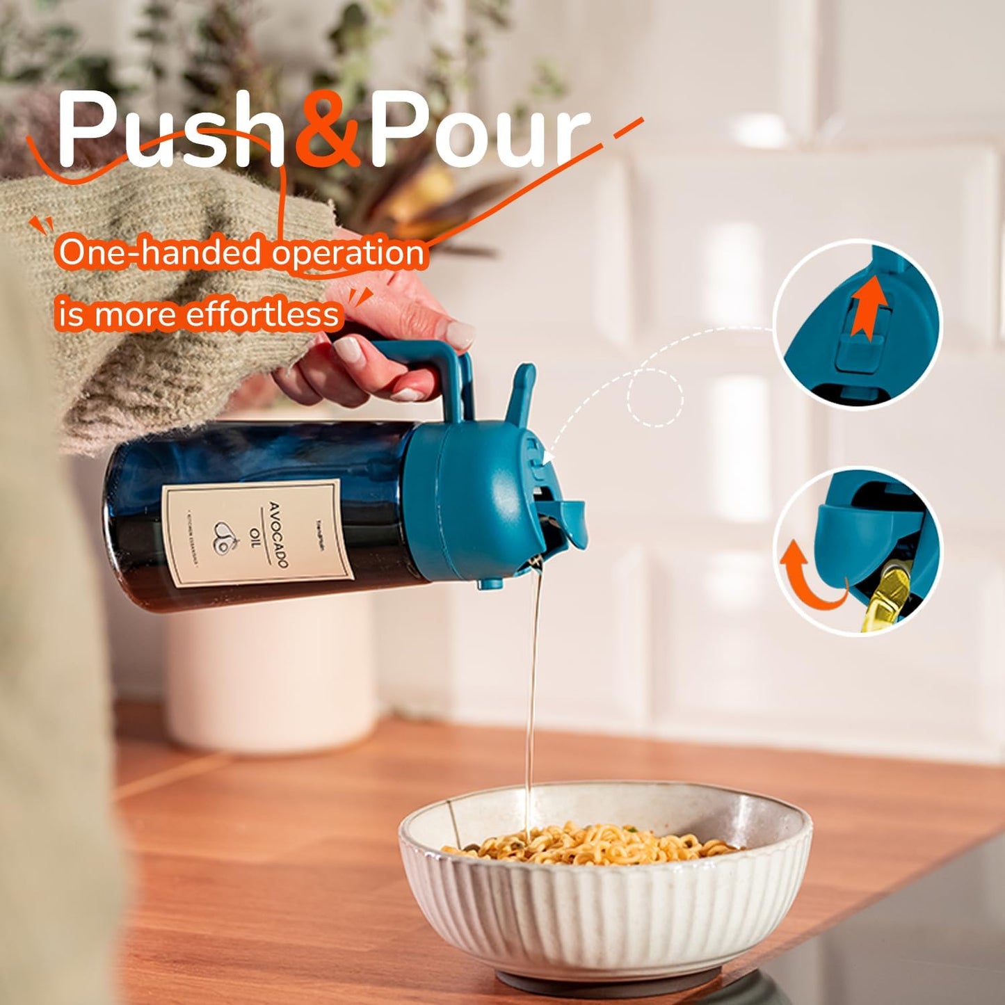 TrendPlain 16oz/470ml Blue Glass Olive Oil Sprayer for Cooking - 2 in 1 Olive Oil Dispenser for Kitchen Gadgets, Air Fryer, Salad, and BBQ - Navy