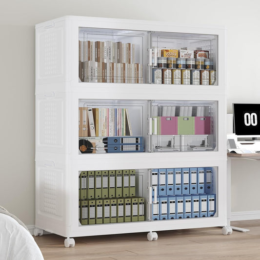 150GAL Storage Bins with Lid and Wheels, Stackable Closet Organizers and Storage Drawer, Collapsible Storage Box with Dividers, Foldable Plastic Cabinets Cubes Totes for Garage, 3 Pack White