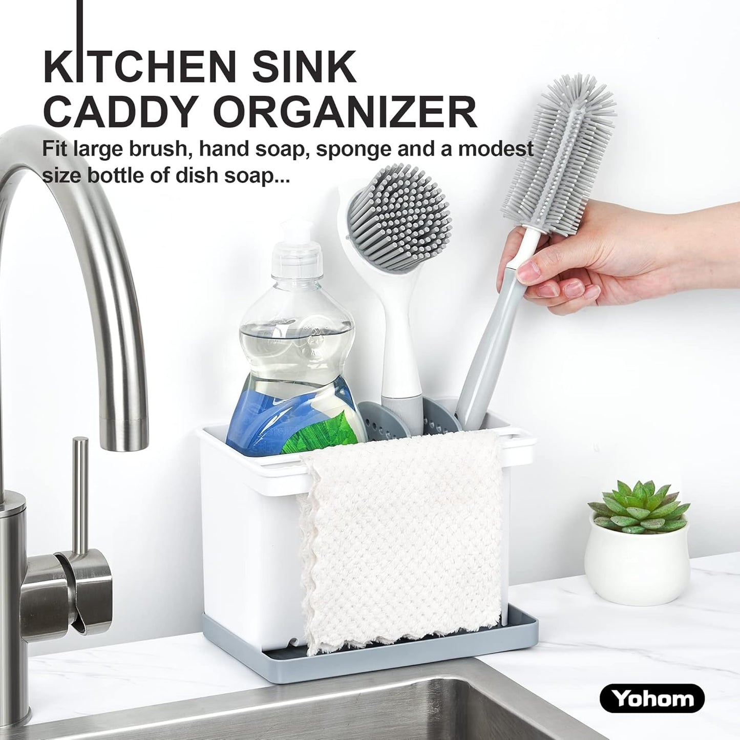 YOHOM Sink Brush Holder for Kitchen Sink Sponge Caddy Countertop Organizer Plastic Dish Scrubber Holder with Dividers