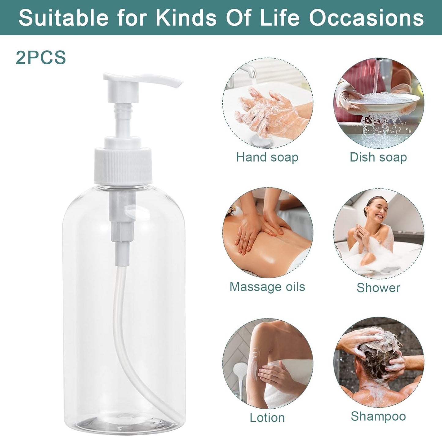 Yebeauty Pump Bottle Dispenser, 2 Pack 13.5oz/400ml Dish Lotion Soap Dispenser Plastic Liquid Shampoo Container for Bathroom Kitchen Hotel Body Wash, Clear