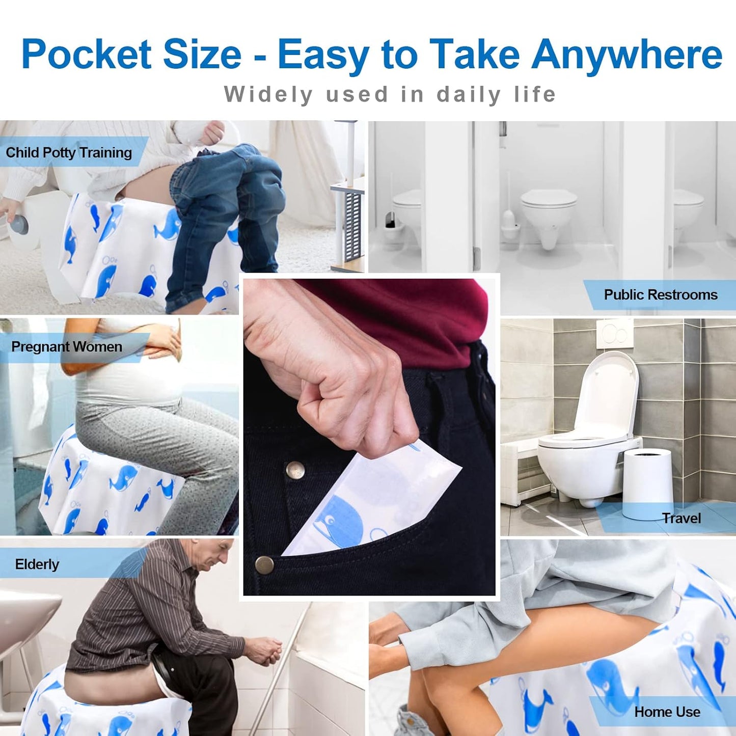 41 Pack Toilet Seat Covers Disposable, Extra Large Disposable Toilet Seat Covers for Adults, Individually Wrapped Potty Training Liners with Non-Slip Adhesives for Kids in Home, Restrooms&Travel -Blue
