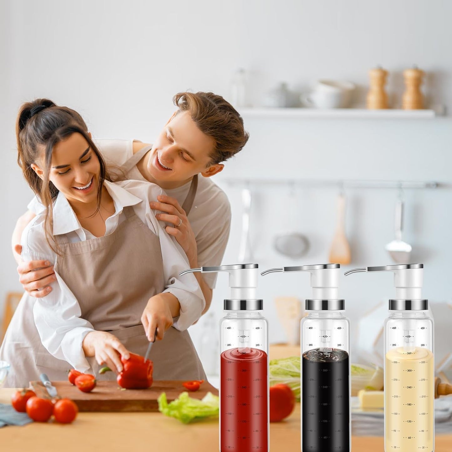 Sauce Pump Dispensers, 17oz Glass & Stainless Steel, 8ml Capacity, Perfect for Kitchen, BBQ, Baking, Salad, Restaurant, Cafe, Hotel, Party, Buffet, Infusing Herbs