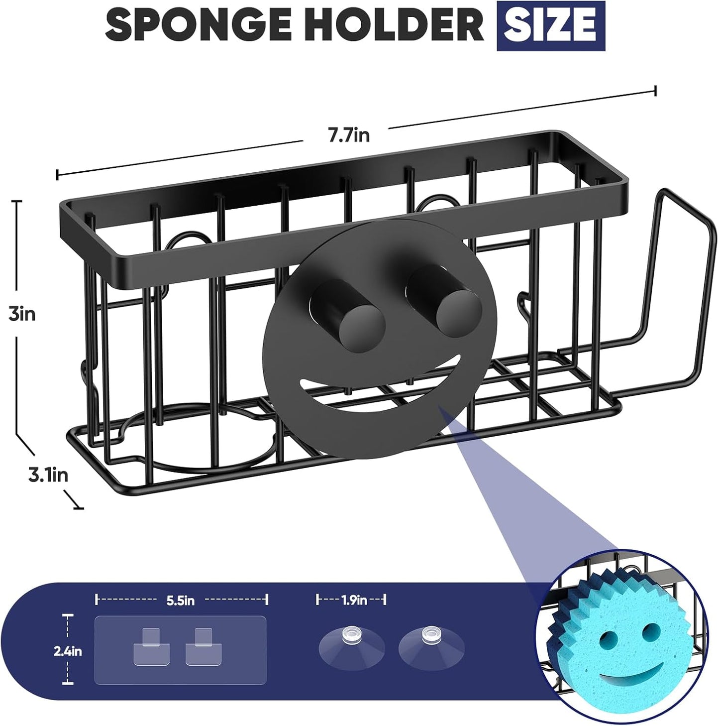 Sponge Holder for Kitchen Sink,Sink Caddy Smiley Face,4-in-1 Sponge Holder with Suction Cups & 1 PCS Adhesive Strips for Holding Soap,Brush,Scrubber,Sponge,Stopper-Black
