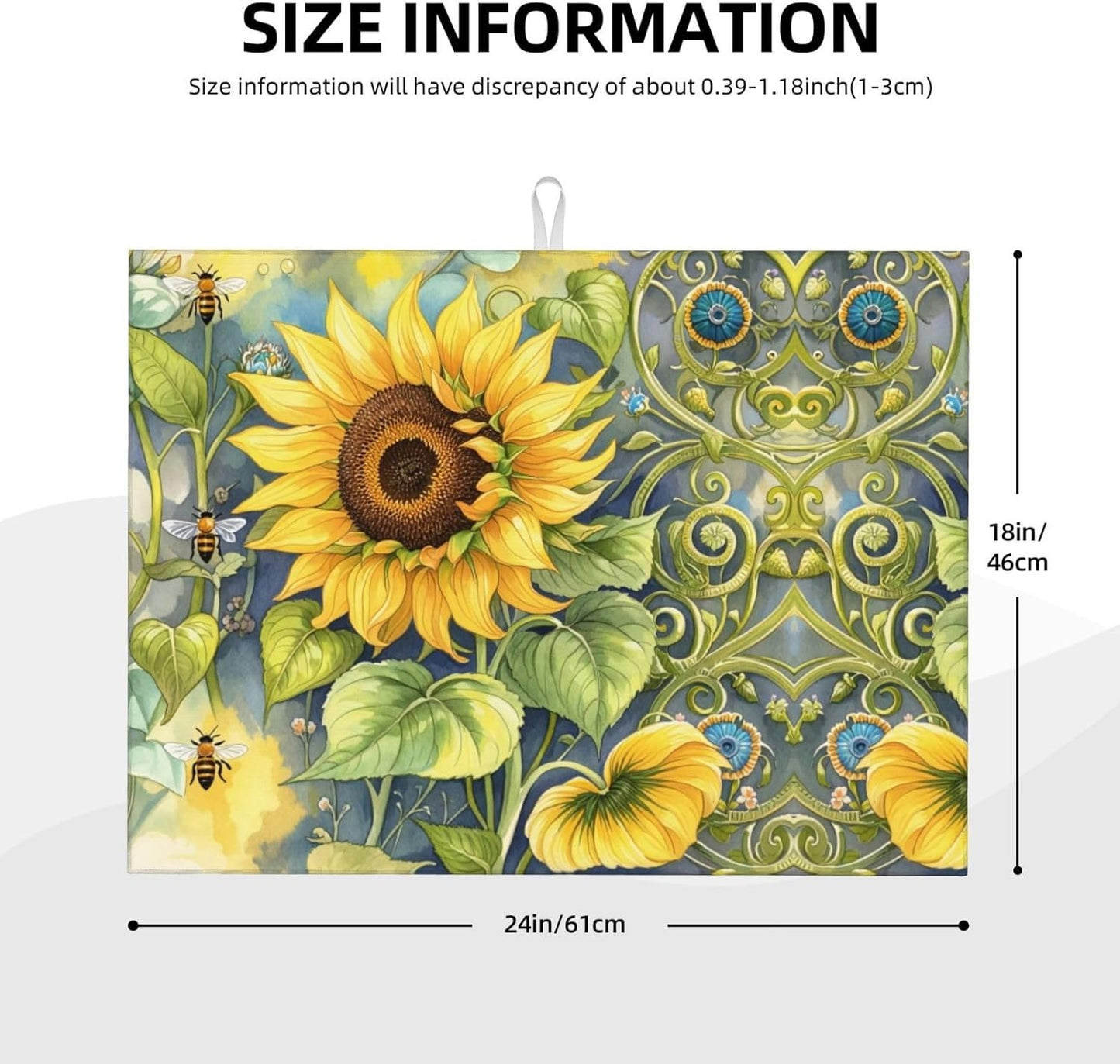 Sunflower Bee Dish Drying Mat Highly Absorbent Double-Sided Microfiber with Hanging Loop Reversible Drain Dish Rack Mat Drain Mat Suitable for Kitchen Countertop Coffee Bar 18 x 24 Inch