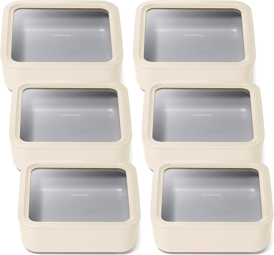 Caraway 6pc Glass Food Storage Set – 10 Cup Food Containers (6) - Ceramic Coated - Non Toxic, Non Stick with Lids - Microwave Safe - Cream