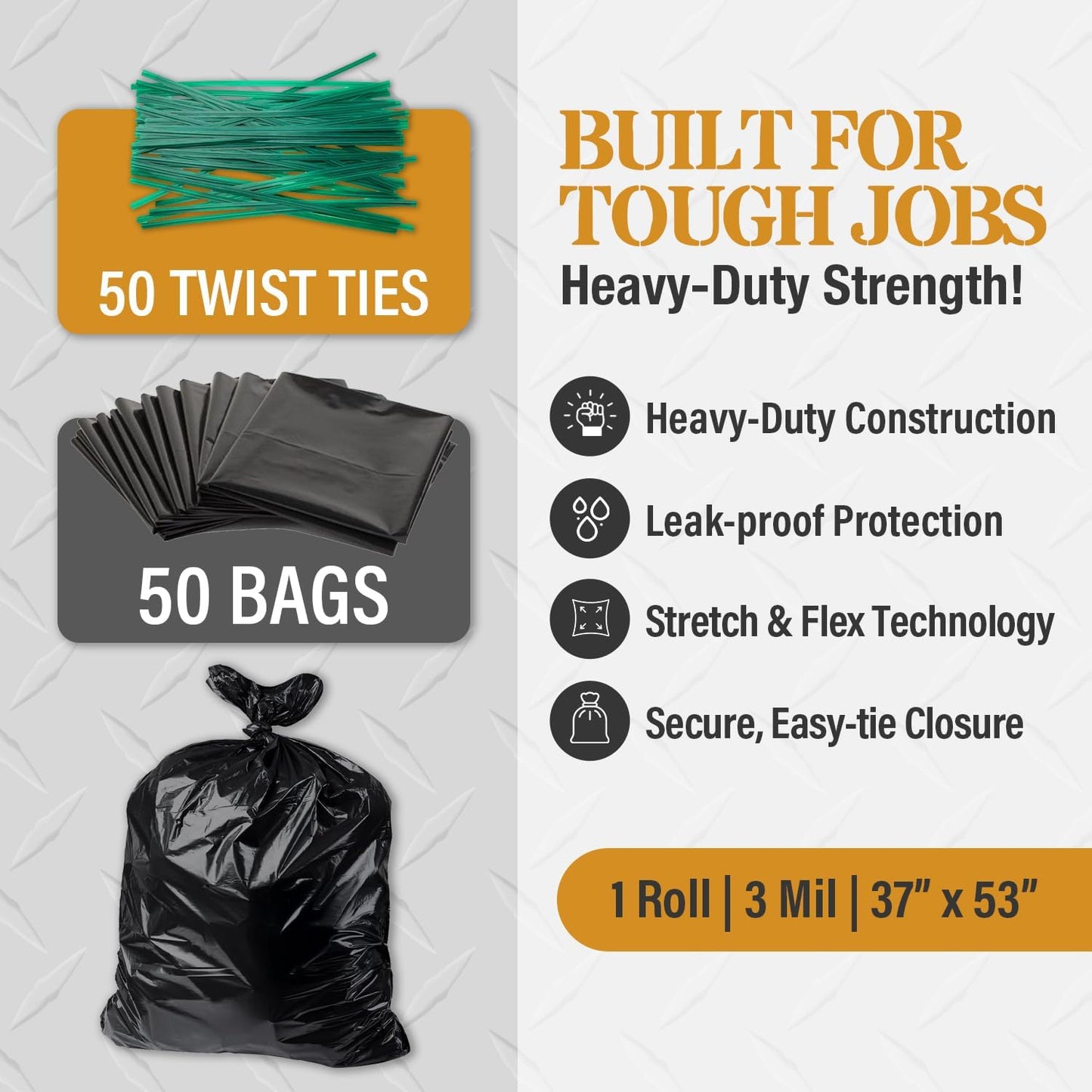 Extra Heavy Duty Black Contractor Garbage Bags 55 Gallon, 50 Trash Bags, Construction Grade, 3 mil, Made in USA