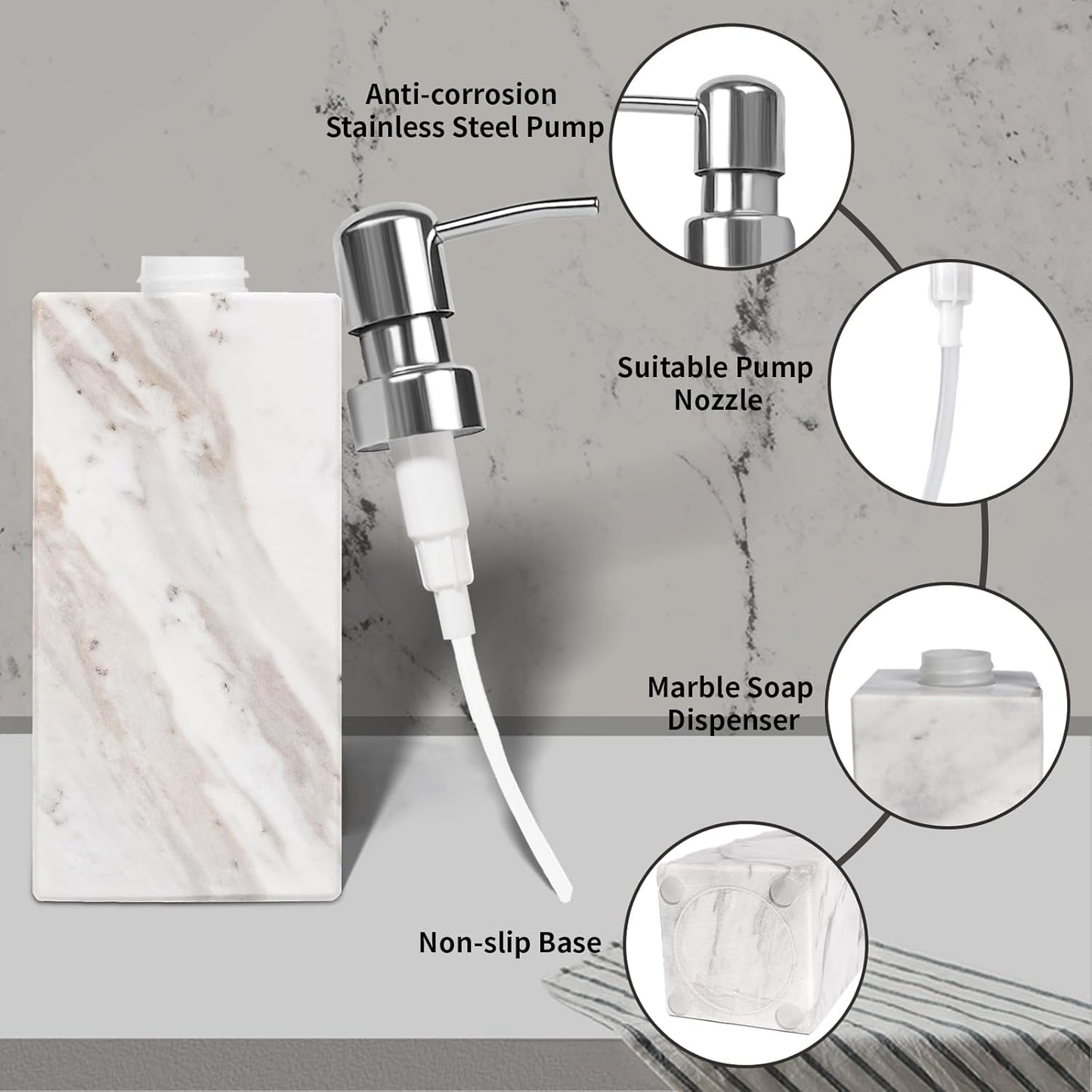 White Marble Soap Dispenser for Bathroom and Kitchen Countertop - Lotion and Liquid Soap Dispenser, 6.7 Ounces Soap Bottle with Pump