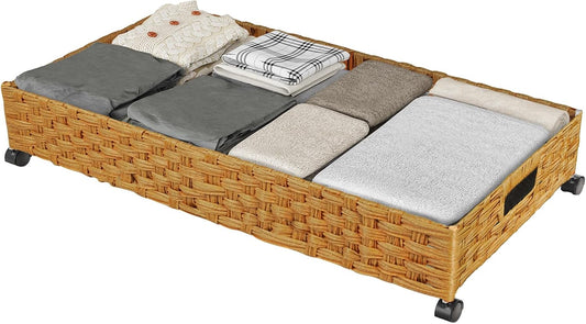 Under Bed Storage Containers with Wheels, 31.5in / 35L Handmade Rattan Underbed Organizer Drawer, Tool-free Assembly Rolling Under Bed Storage Bins for Shoes Clothes Toy Book
