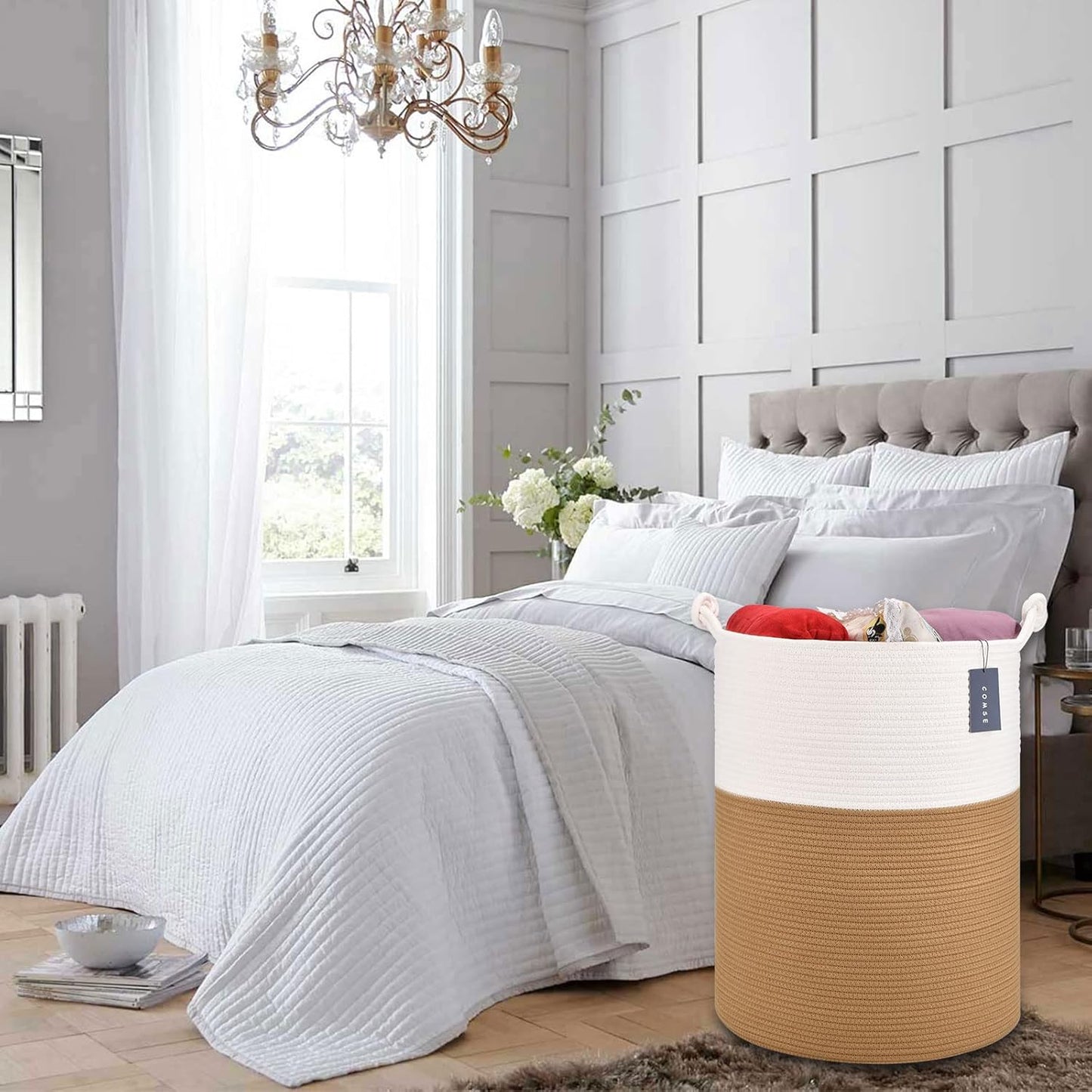 COMSE Extra Large Blanket Basket, Tall Woven Storage Basket, Nursery Hamper, 15.7”x 21.7”, Cotton Rope Laundry Hamper for Toys Clothes Towels, White/Camel