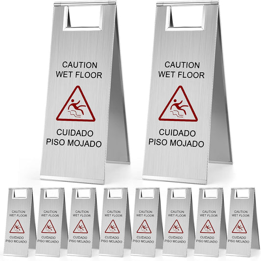 8 Pcs 24 Inch Stainless Steel Wet Floor Sign 8.8 Pound Caution Wet Floor Sign Bulk Double Sided Portable Foldable Bilingual Safety Warning for Kitchen Restaurant Restroom Avoid Fall (Silver)