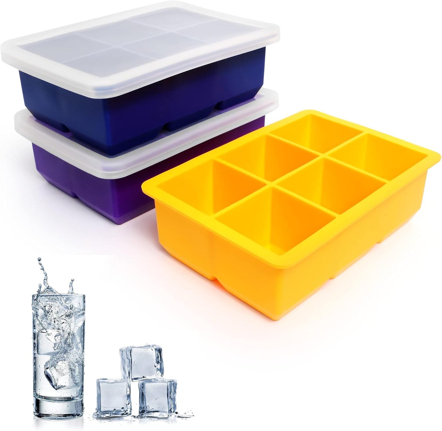 Silicone Ice Cube Trays 3 Pack - Large Size Silicone Ice Cube Molds with Leak Proof Removable Lid Square Ice Cube Tray And BPA Free for Cocktail,Whiskey, Stackable Flexible Ice