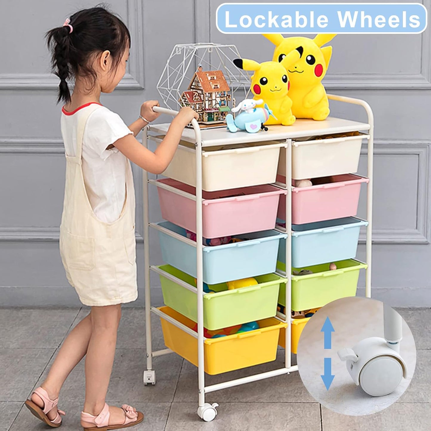 Rolling Cart with 10 Drawers, Plastic Drawer Cart with Metal Frame, Multipurpose Art Craft Cart Organizer with Wheels, Utility Cart with Drawers for Home, Office, School, White