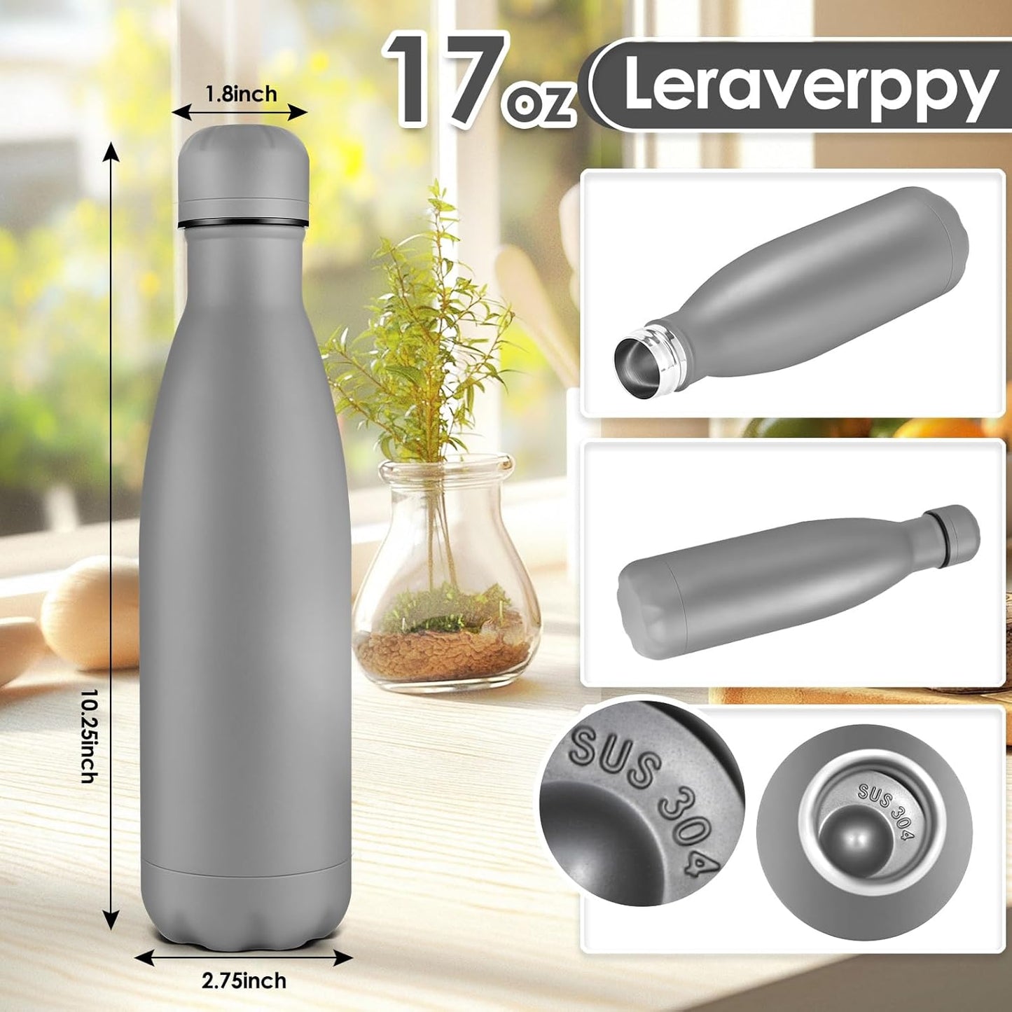 17oz Cola-Bottle Shaped Stainless Steel Leak-proof Water Bottle,Double Wall Vacuum Insulated Metal,Travel Mug For Sports Indoors & Outdoors,BPA-Free School Kids Flasks,Gray(1Pack)