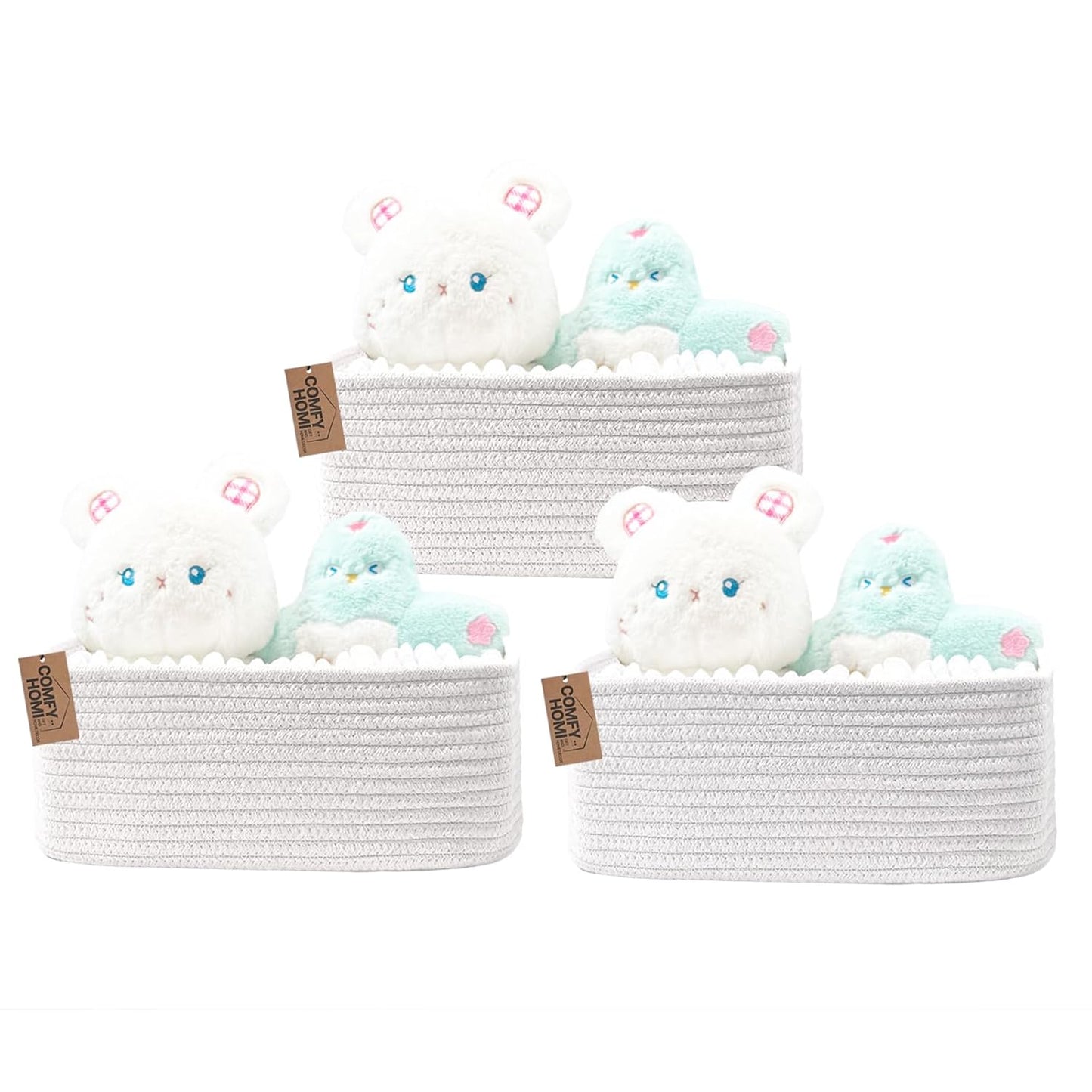 COMFY-HOMI 11.5"x7.5"x4.7" Storage Baskets for Organizing | Cotton Rope Woven Basket | Toy Storage Bin Box | Basket for Shelves, Closet Organizer Bin, Decorative Closet Shelf, 3 Pack, All white