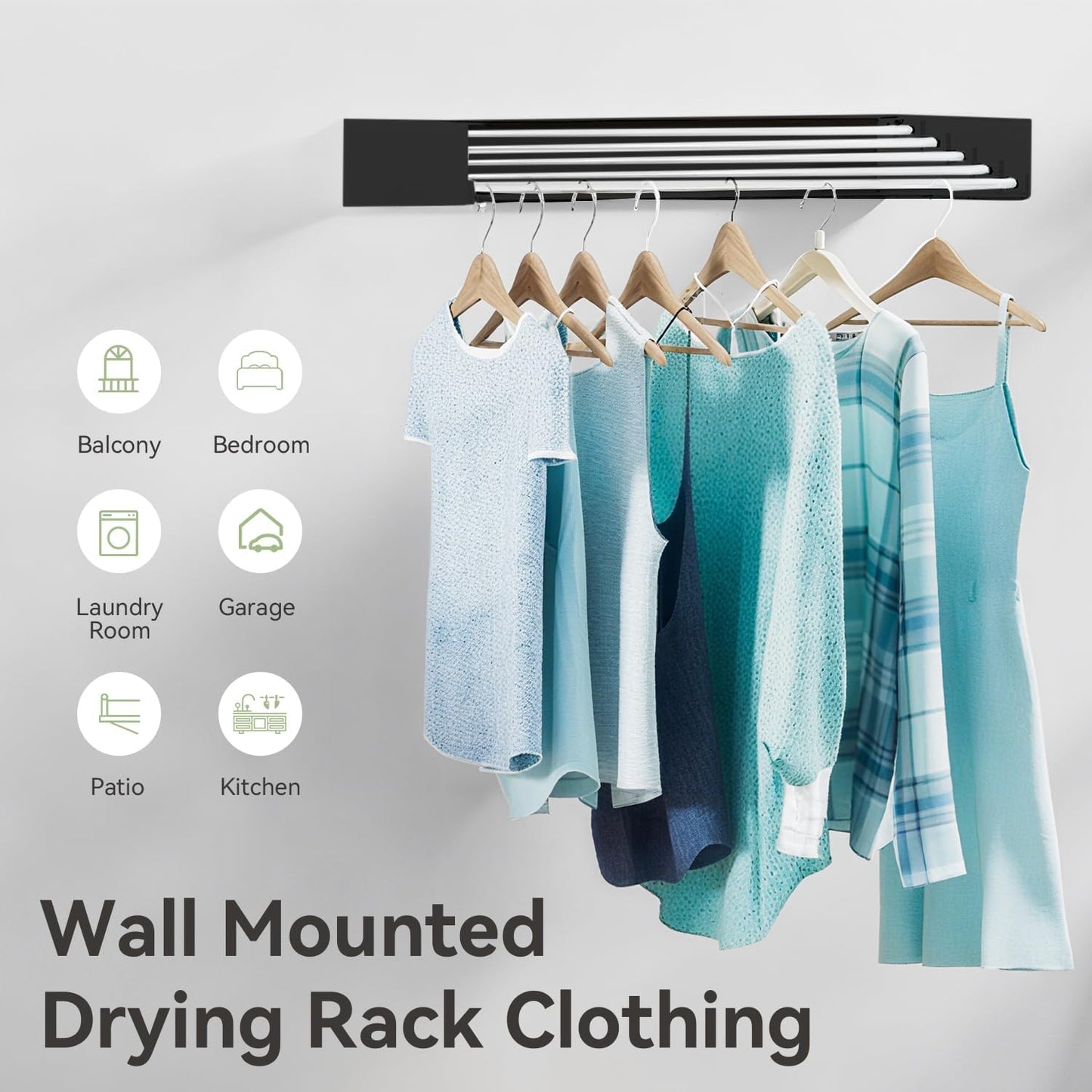 Wall Mounted Clothes Drying Rack, 5 Aluminum Rods, Collapsible, White, 32 inches (Black, 32'')