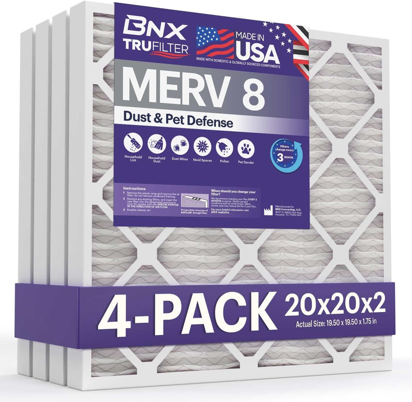BNX TruFilter 20x20x2 Air Filter MERV 8 (4-Pack) - MADE IN USA – Dust & Pet Defense Electrostatic Pleated Air Conditioner HVAC AC Furnace Filters for Dust, Pet, Mold, Pollen MPR 600 – 700 & FPR 5