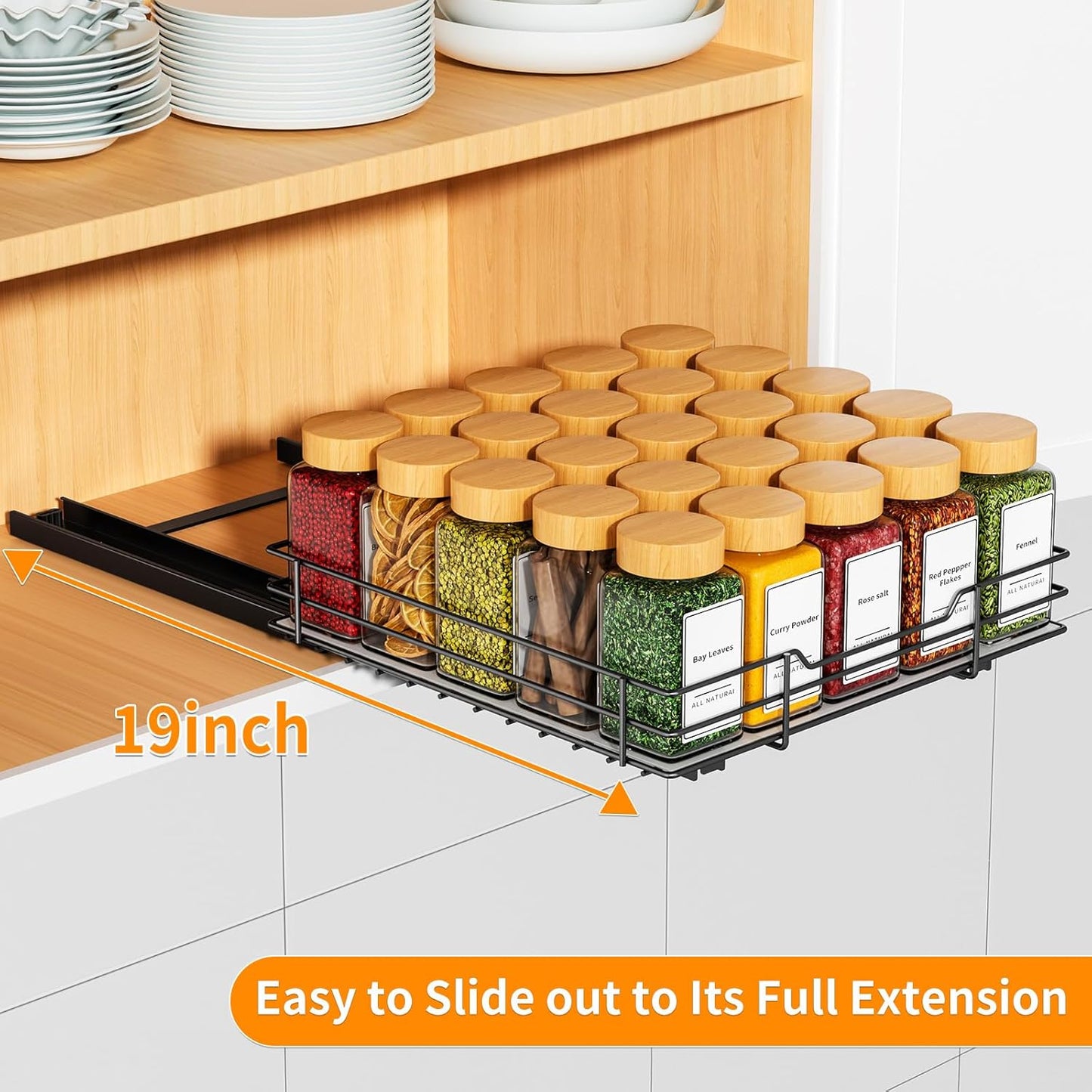 RCHYFEED Pull Out Spice Rack Organizer for Cabinet,Slide out Spice Organization for Inside Cabinets,Heavy Duty Seasoning Organizer Fits Kitchen and Pantry,Sauces,Canned (10.5''Wx10.5''Dx2.5''H)