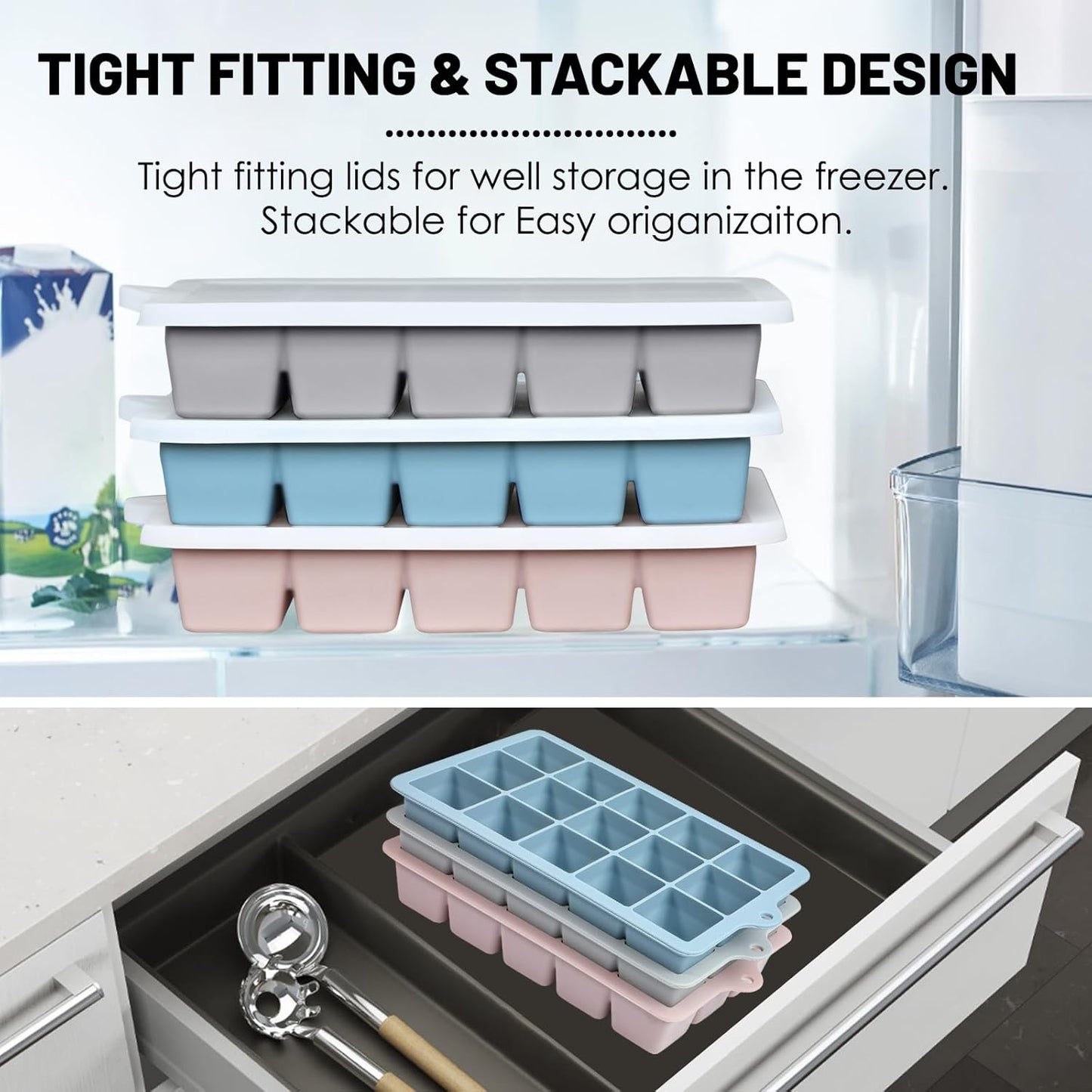 Silicone Ice Cube Trays 3Packs, Easy Release Ice Cube Molds with Lid, Freezer Stackable Ice Maker for Whiskey, Baby Food, BPA Free (Blue+Grey+Pink)