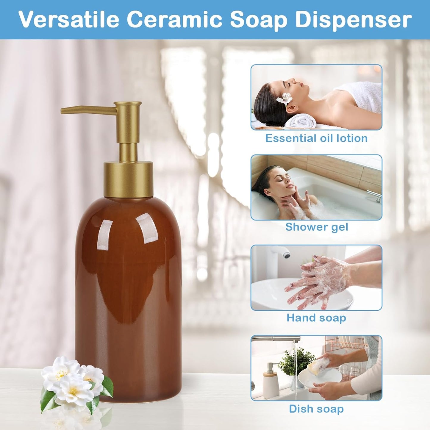 Natheeph 14OZ Ceramic Soap Dispenser Ceramic Soap Pump Dispenser Can Fill Liquid for Bathroom/Kitchen (Brown)