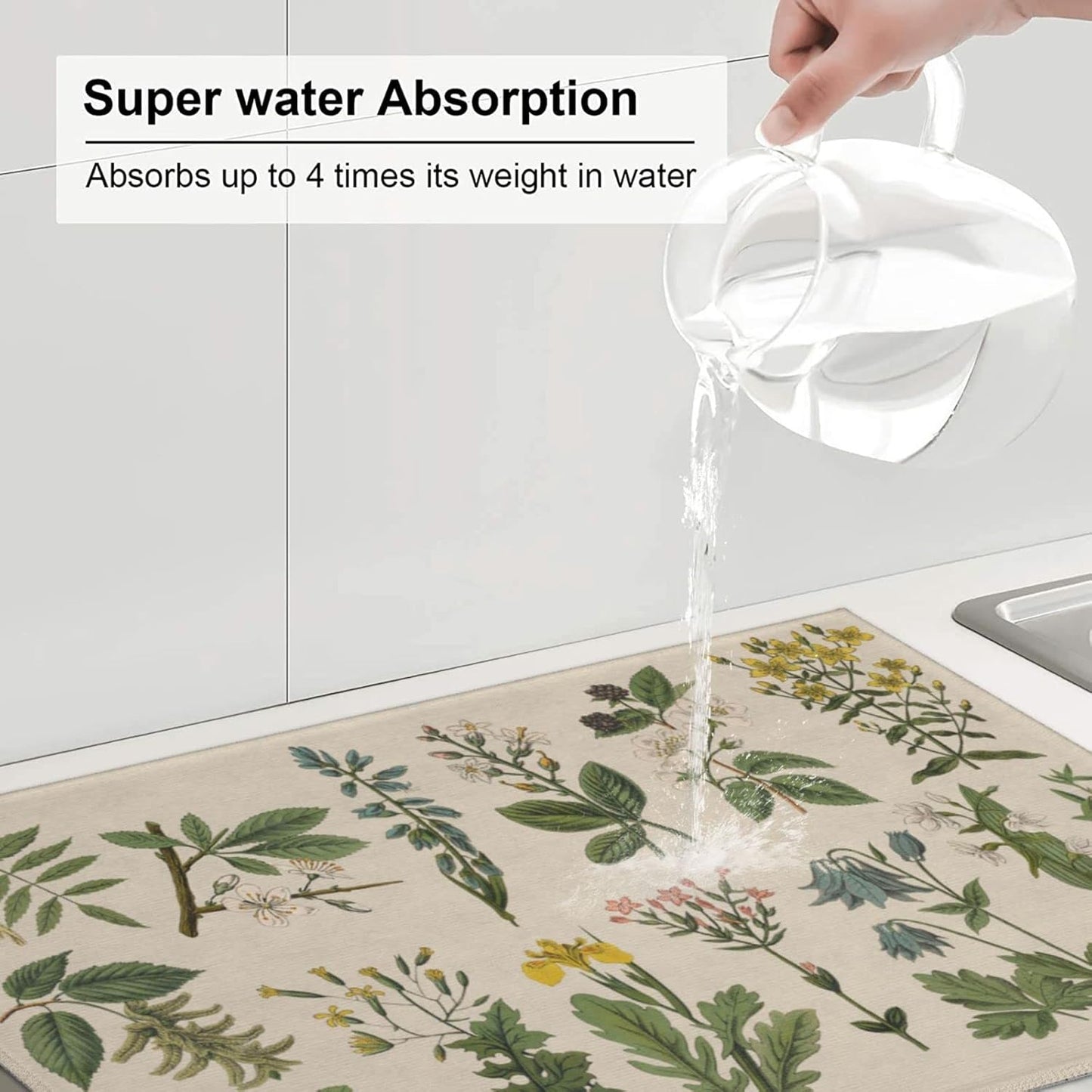 Vintage Color Plants Herbs Floral Microfiber Dish Drying Mat For Kitchen Countertop Xl Absorbent Reversible Drainer Rack Pad Extra Large 18 X 24 Inch