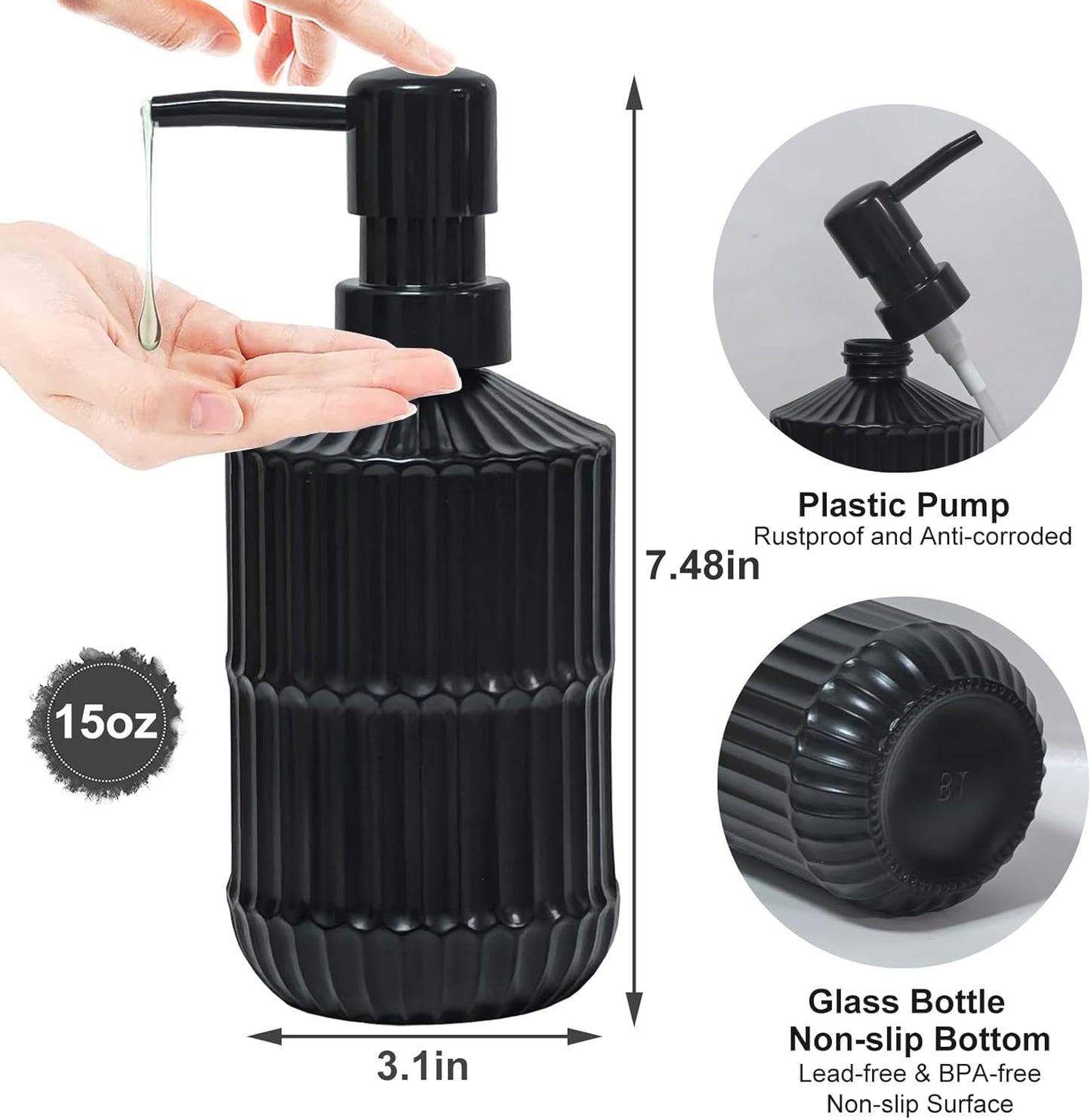 Black Glass Soap Dispenser with Pump, 15oz Refillable Liquid Hand Soap Dispenser, Lotion Dish Soap Dispenser for Modern Home Decor, Bathroom, Kitchen Countertop, Hotel