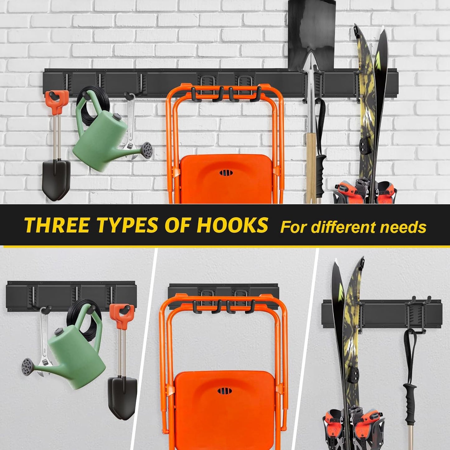 Garage Tool Organizer Wall Mount, 64 Inches Garden Tool Organizer with Adjustable Hooks, Metal Garage Storage Rack Max Loading 620lbs, Tool Holder for Hanging Rake Broom Mop Snowboard