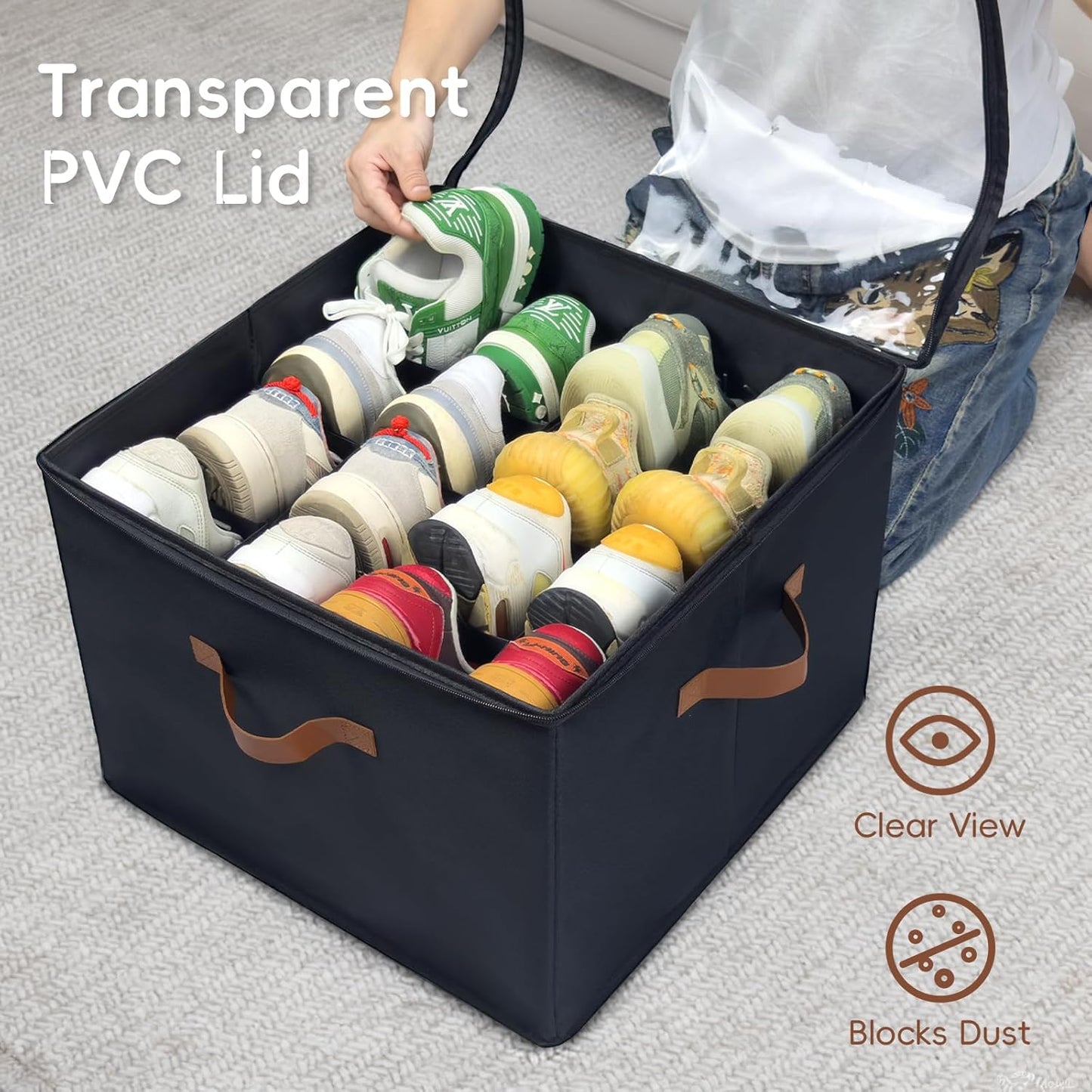 Shoe Organizer for Closet, 3 Pack Shoe Storage Bins with Clear Cover, Adjustable Dividers Fits 24-48 Pairs, Black