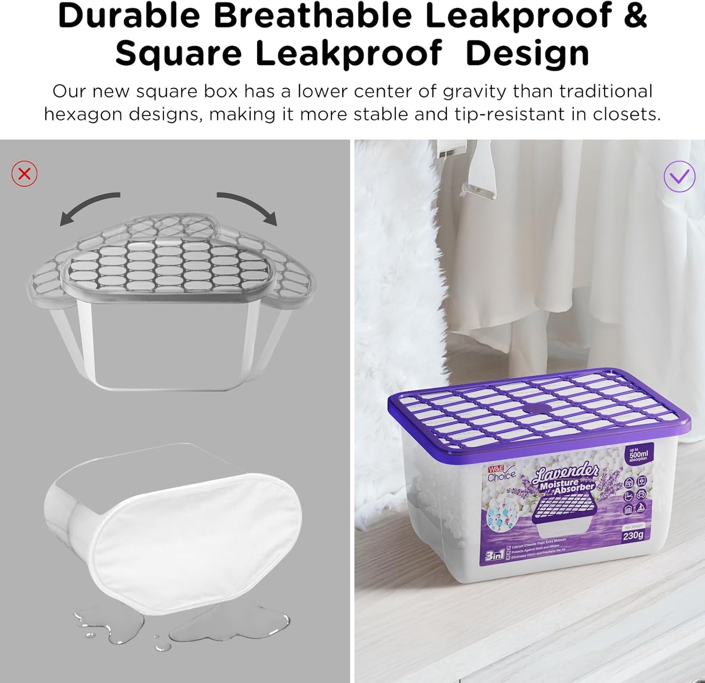 W&E Choice Moisture Absorbers With Lavender Scent, Portable Dehumidifier for Closet&Bathrooms, Kitchen, Humidity Absorber Odor Eliminator Absorber