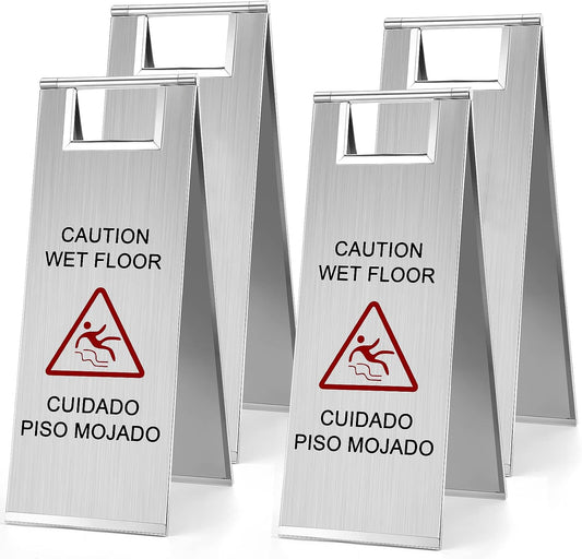 LEIFIDE 4 Pcs Stainless Steel Wet Floor Caution Sign Bulk 8.8 Pound Portable Foldable Handle Bilingual Safety Sign for Kitchen Restaurant Shop Commercial Use Avoid Fall and Slip Accident (Silver)