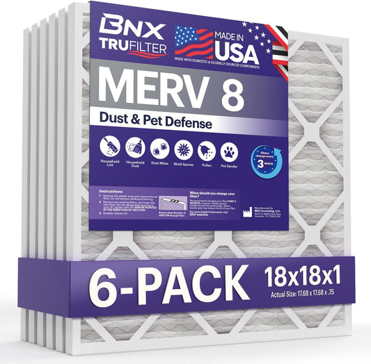 BNX TruFilter 18x18x1 Air Filter MERV 8 (6-Pack) - MADE IN USA – Dust & Pet Defense Air Conditioner HVAC AC Furnace Filters for Dust, Pet, Mold, Pollen MPR 600 – 700 & FPR 5