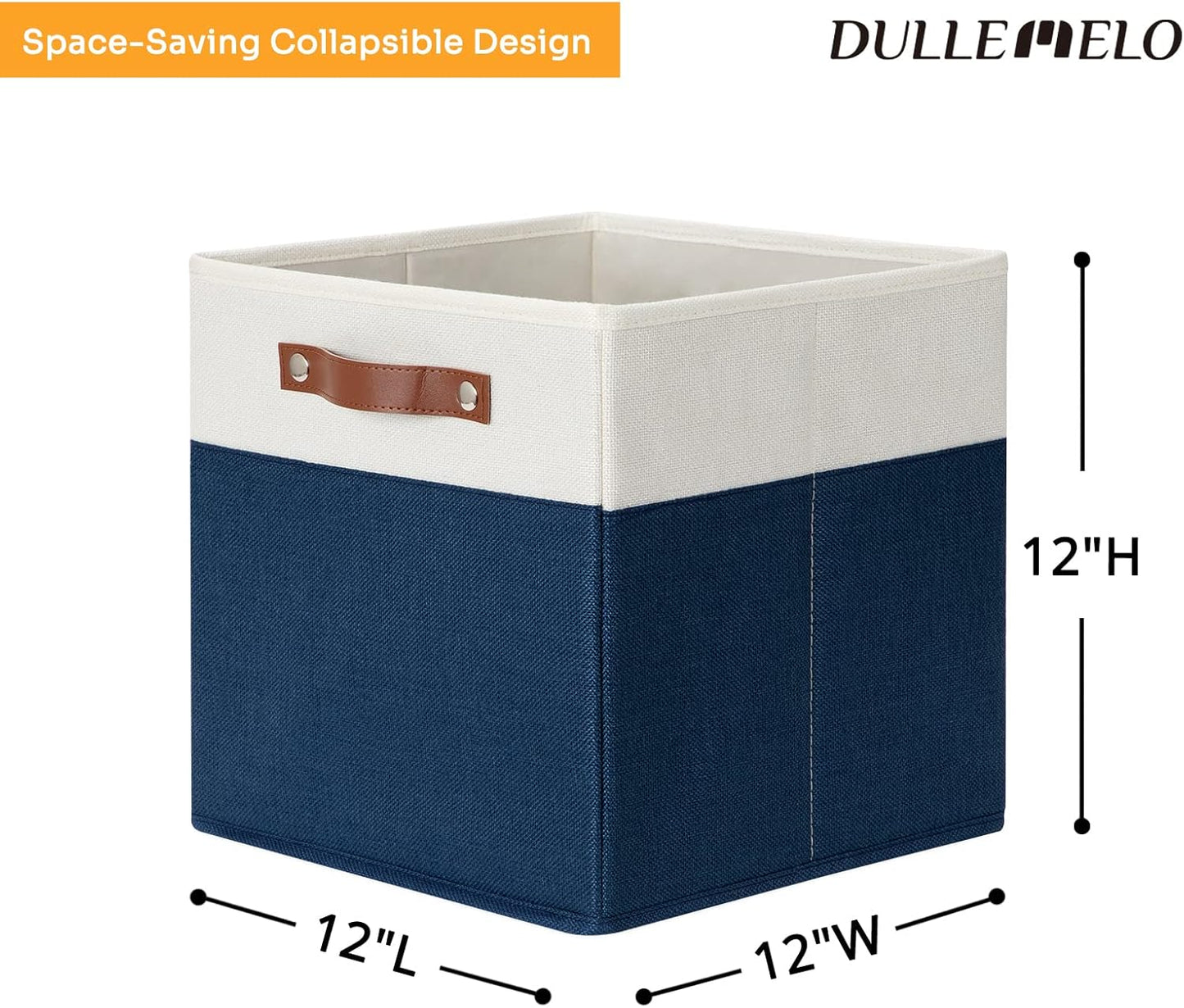 DULLEMELO 12 inch Cube Storage Bins, Gift Baskets Empty for Boy Girl Mother Father Christmas Festival,Fabric Storage Bins Cube Organizer Baskets With Leather Handles(White&Blue-4 Pack)