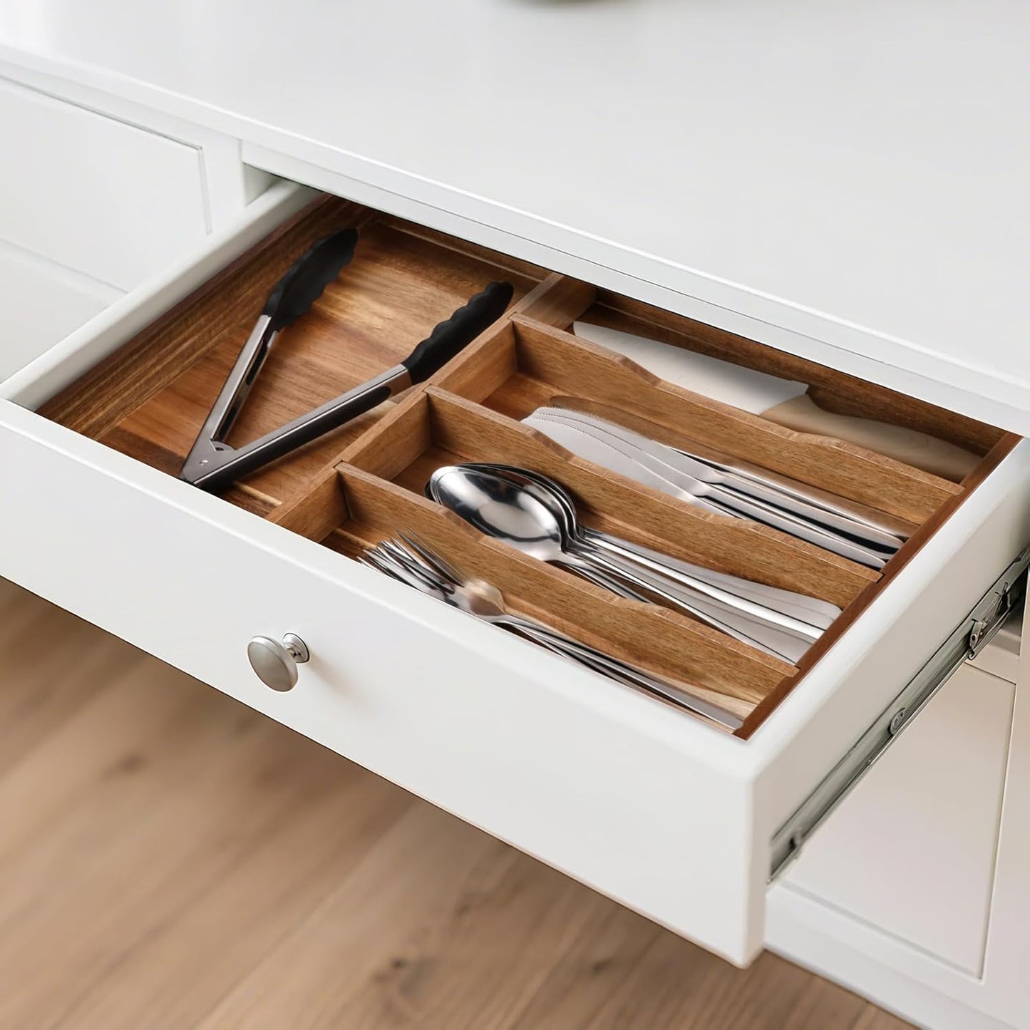 Acacia Wood Silverware Drawer Organizer, 12 Inch Adjustable Cutlery Tray for Kitchen Utensils, Silverware Flatware Storage Box with 5 Detachable Dividers (6-Compartment)