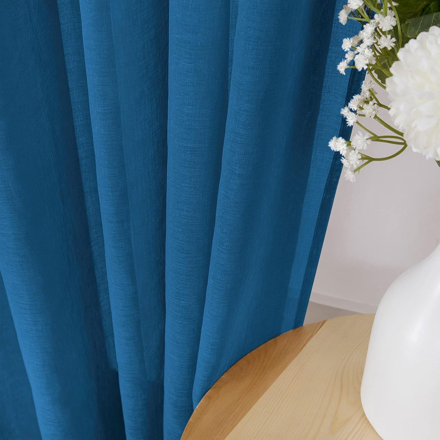 Tollpiz Short Sheer Curtains Linen Textured Living Room Curtain Sheers Light Filtering Rod Pocket Voile Curtains for Bedroom, 42 x 45 inches Long, Classic Blue, Set of 2 Panels