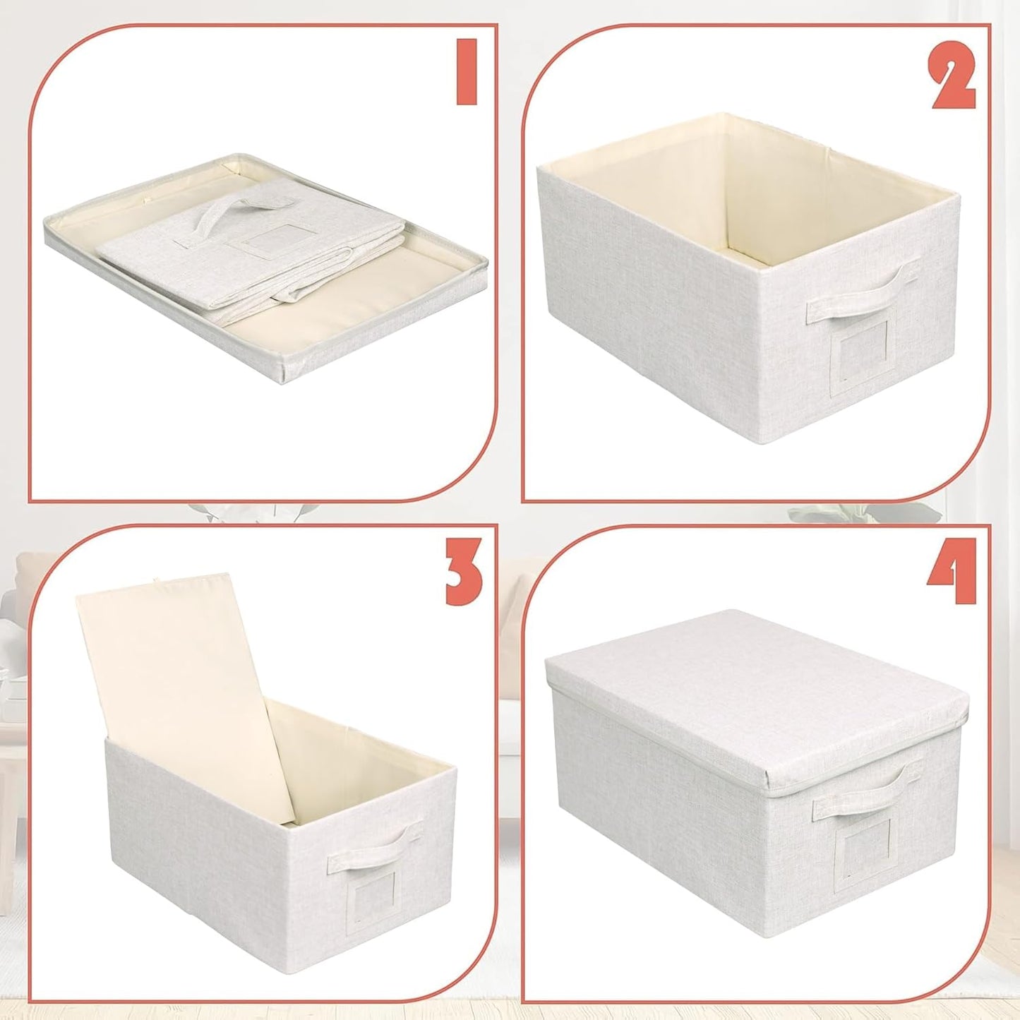 Large 17''x12'' Quart Collapsible Stackable Storage Bins with Lids, 4 Packs Off White Fabric Closet Boxes with Lids, Storage Cube Baskets Container Organizers for Bedroom Office(17''x12.2x''8'')