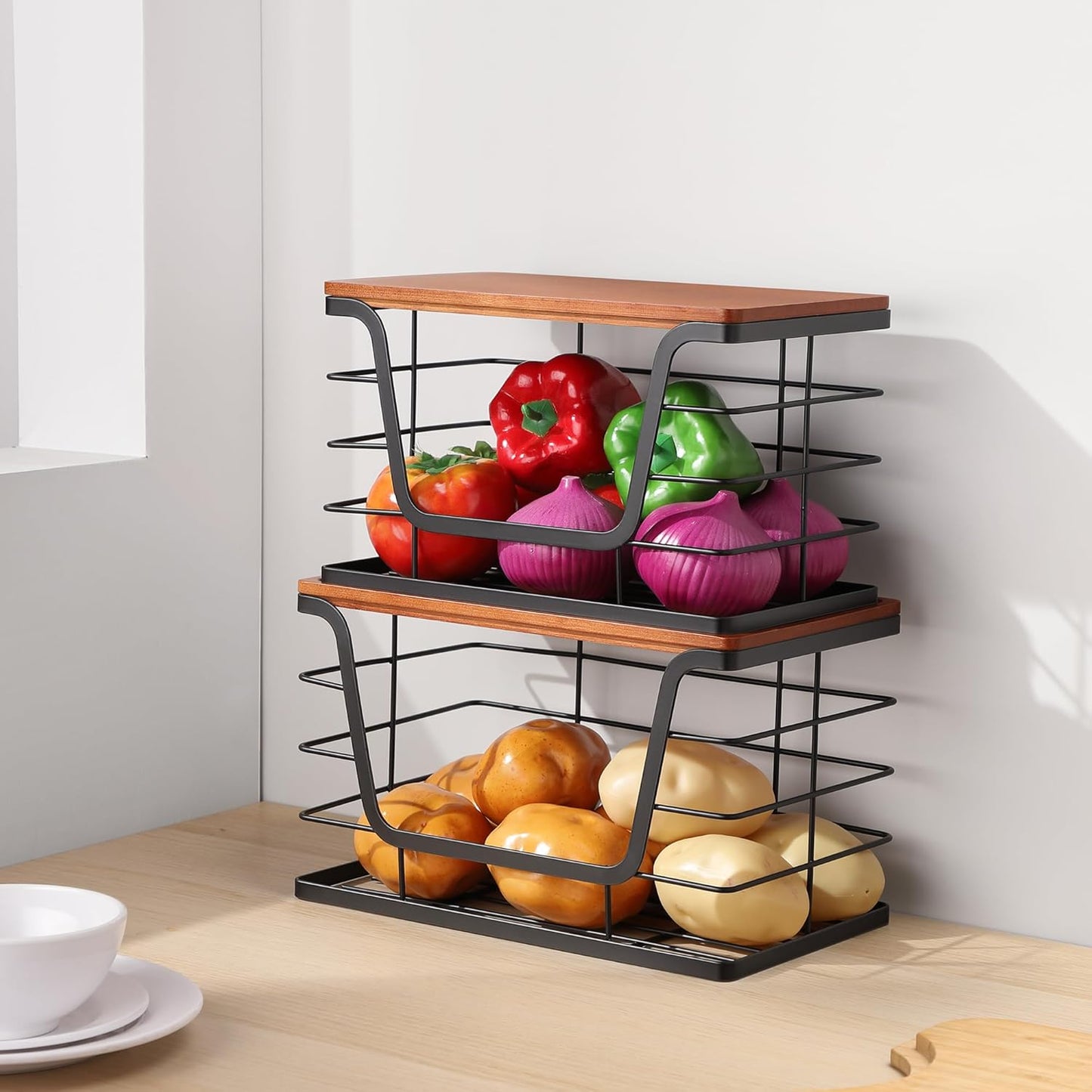 ALOCEO 2 Pack Stackable Storage Bins with Lids, Stainless Steel Extra Large Trash Bag Dispenser Roll Holder for Kitchen Sink, Laundry, Pantry Organizer and Storage, Walnut Black