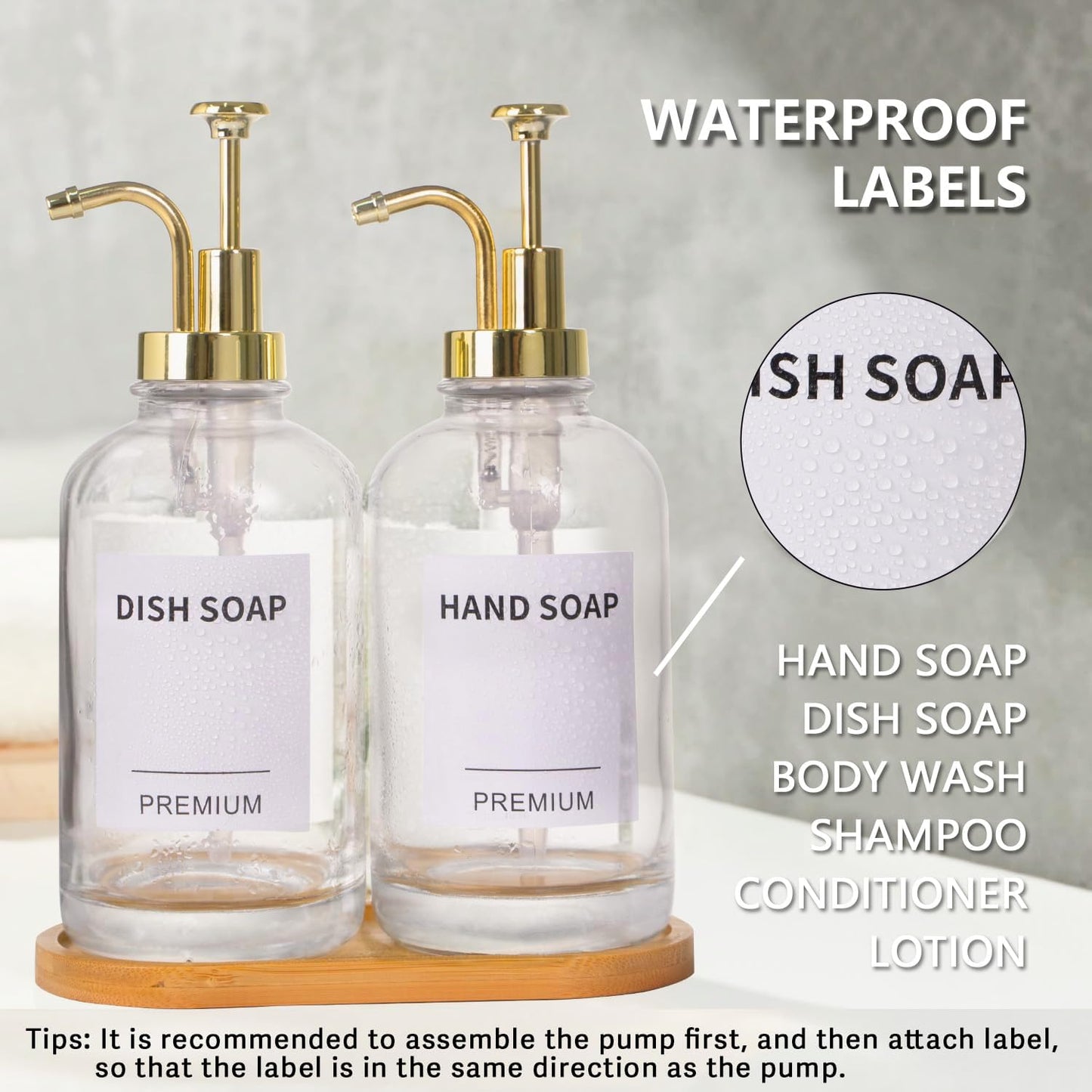 Dish Soap Dispenser for Kitchen, Hand Glass Soap Dispenser Set with Pump, Tray, Funnel for Bathroom, Shower, Laundry, Liquid, Lotion (Gold 2 Pack 18 Oz Clear Bottles with 12 Stickers)