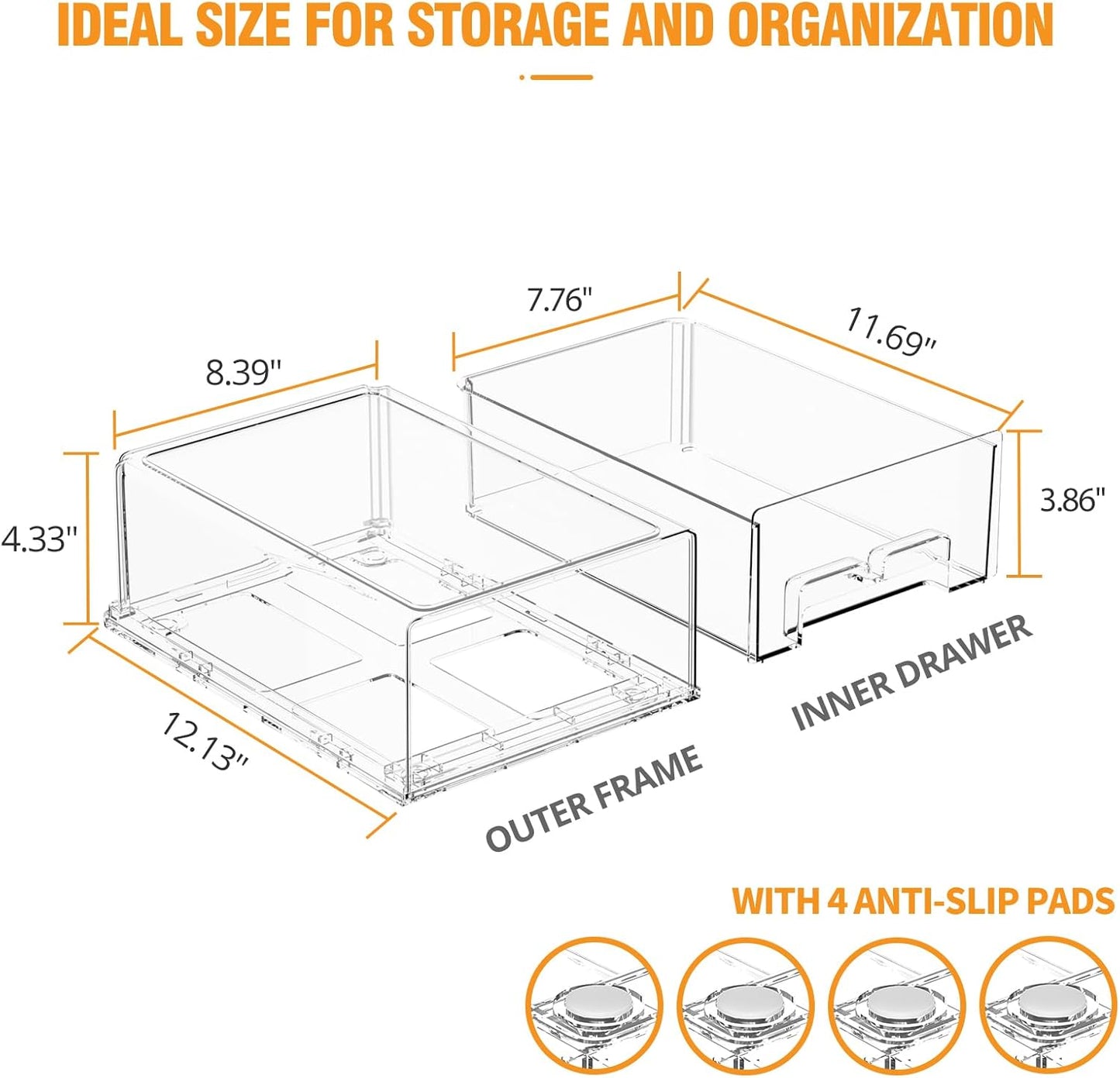 2 Pack Stackable Storage Drawers - Clear Refrigerator Drawers for Refrigerator Organizers and Storage, Acrylic Fridge Drawer Organizer with Handles for Bathroom, Undersink, Cabinet, Pantry, etc
