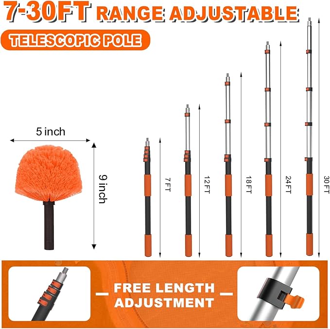 36FT Reach Cobweb Duster with Extension Pole, High Ceiling Long Duster with 7-30FT Telescoping Pole, Spider Web Brush for Indoor Outdoor Use