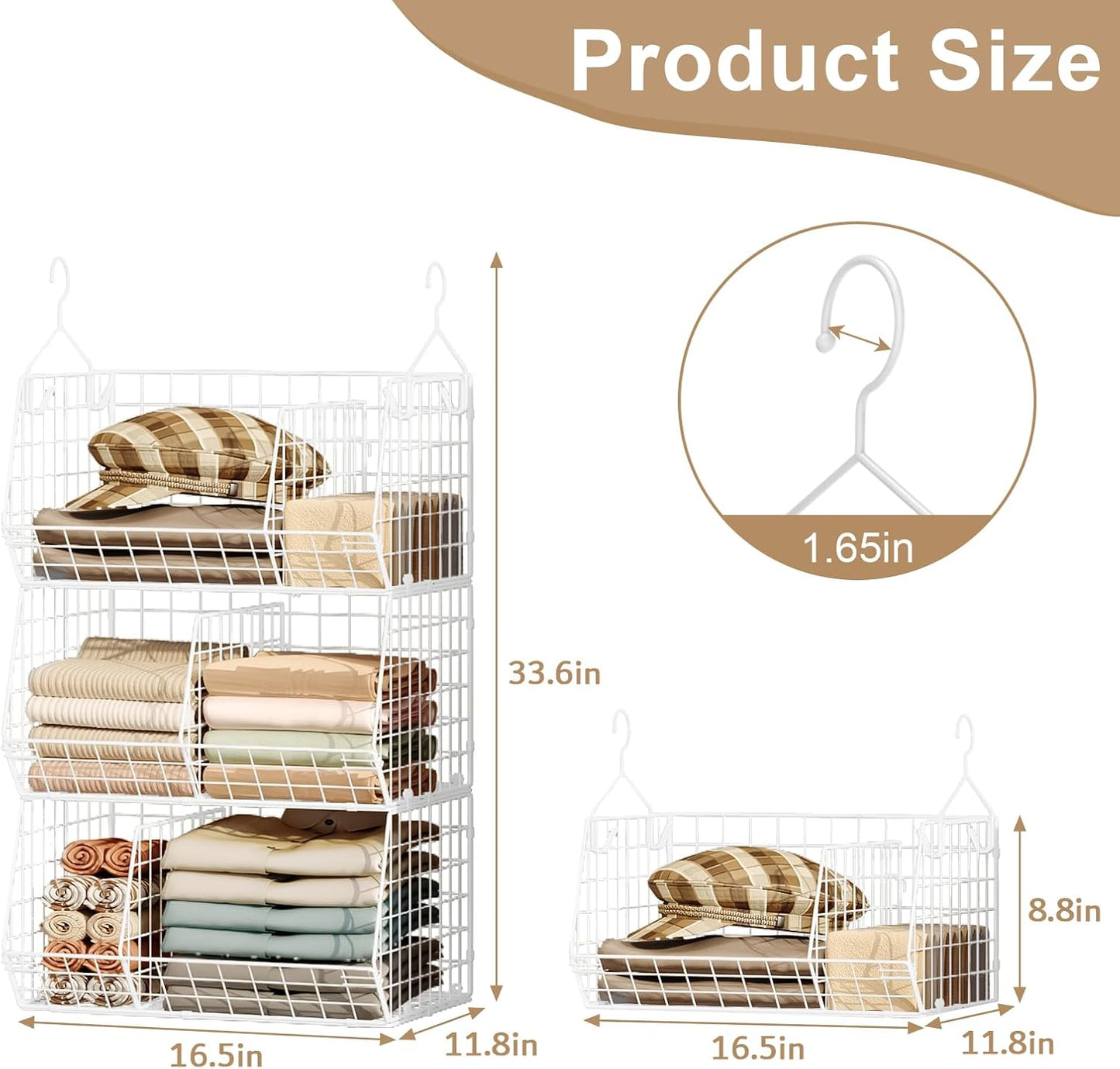 3 Tier Extra Large Closet Hanging Shelves with Divider, 16.5"L x 11.8"W x 33.6"H Closets Organizers and Storage with 5 S Hooks, Clothes Organizer for Sweaters Shoes Handbags Clutches Accessories-White