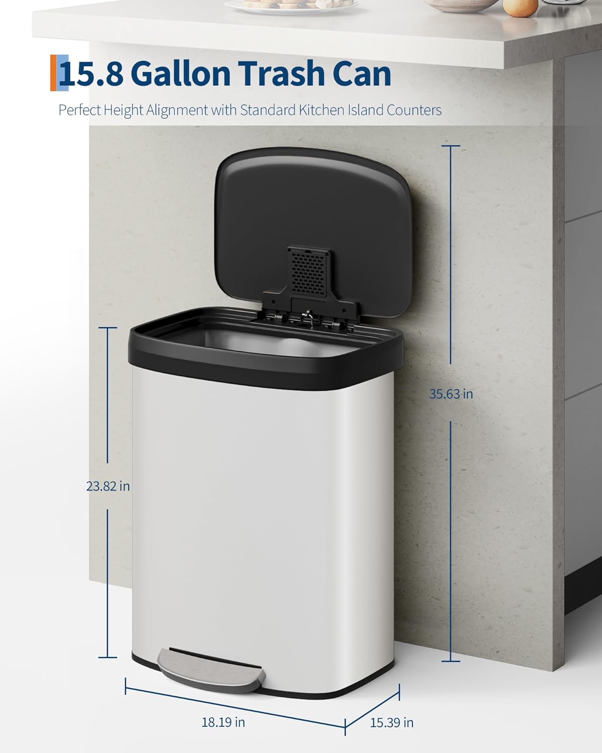 Garvee 16 Gallon / 60 Liter Metal Trash Can with Lid, Large Garbage Can for Kitchen, Rustproof Step-on Kitchen Metal Trash Bin with Liner Rim, Rear Handle, Soft Close Plastic Lid, White