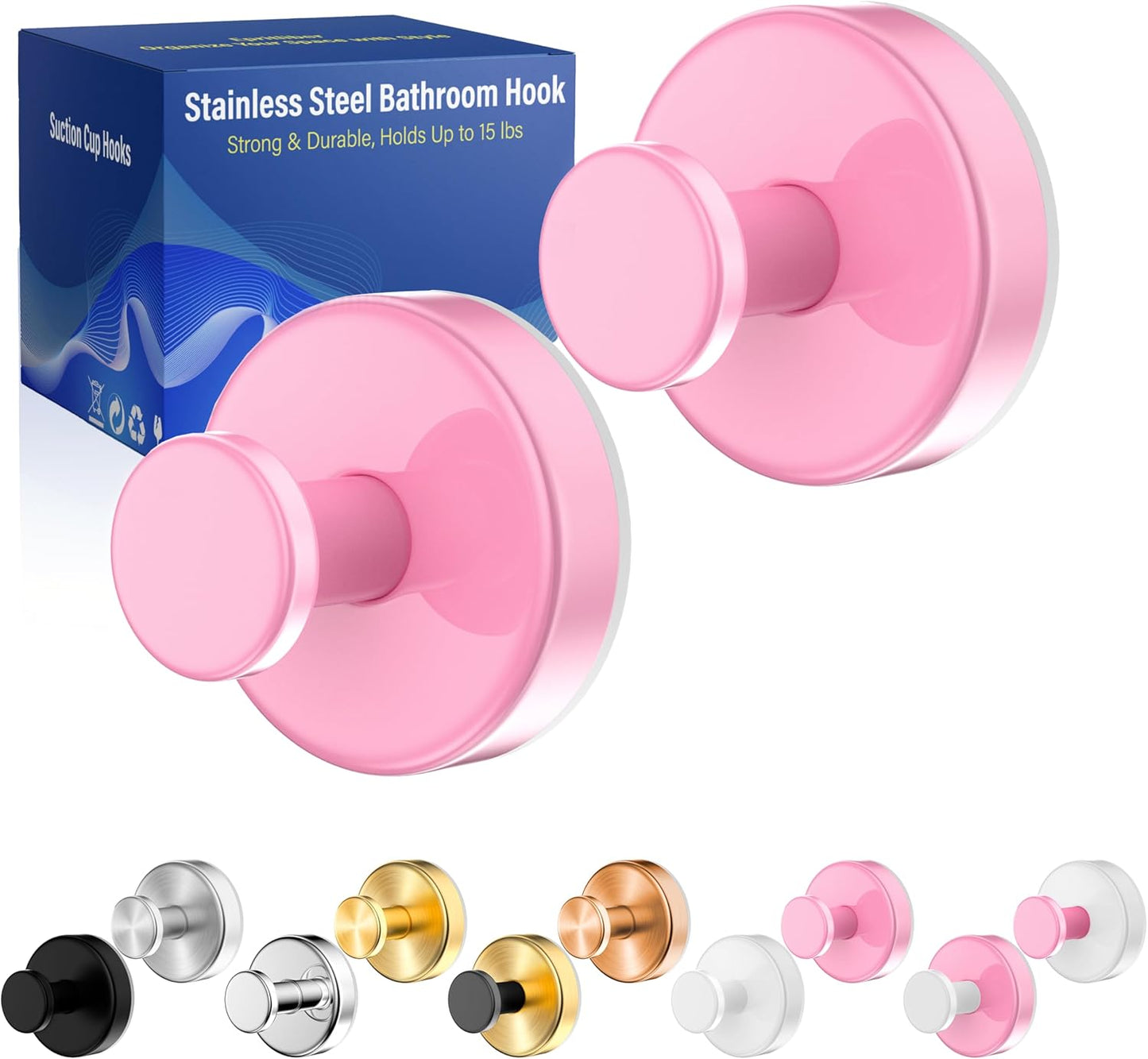 Suction Cup Hooks for Shower,Removable No Drill Towel Hooks,Upgraded 15 lbs Strong Suction hooks for Bathroom Tile,Shower Wall,Glass Door,Kitchen-Loofah,Coat,Stainless Waterproof-Pink 2 Pcs