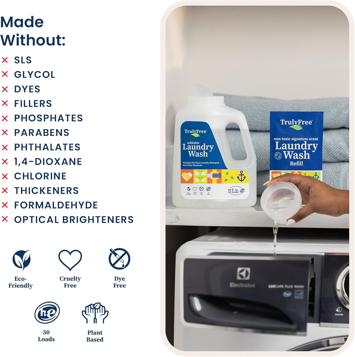 Truly Free Laundry Wash Detergent for Sensitive Skin, Gentle & Safe for Baby Clothes | Plant-Based, Natural Ingredients | Unscented | Include 1 Refillable Bottle (50 Loads)